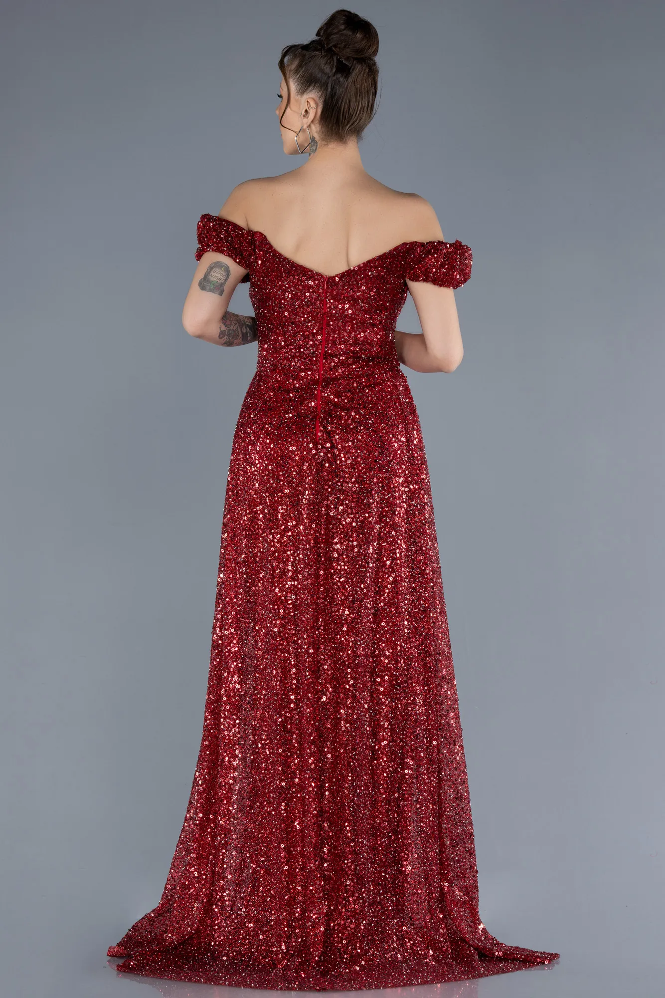 Burgundy-Boat Neck Tail Long Stone Evening Gown  ABU4224