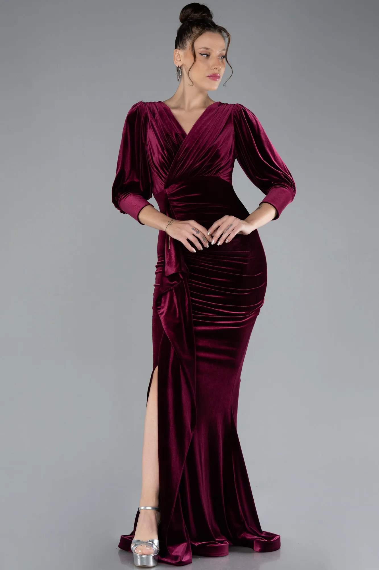 Burgundy-Capri Sleeve Slit Long Velvet Evening Dress ABU4374