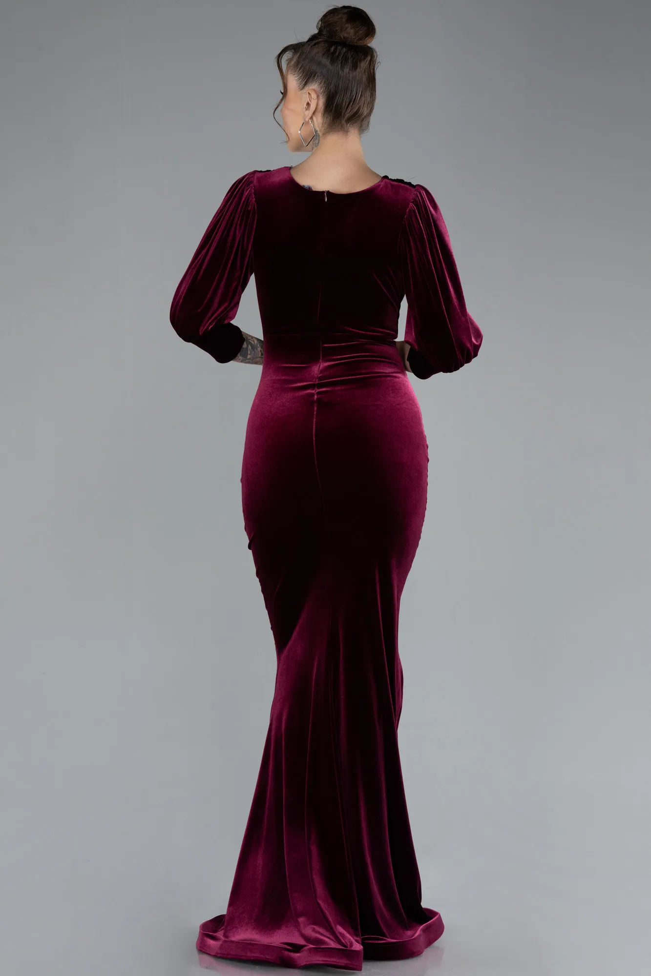 Burgundy-Capri Sleeve Slit Long Velvet Evening Dress ABU4374