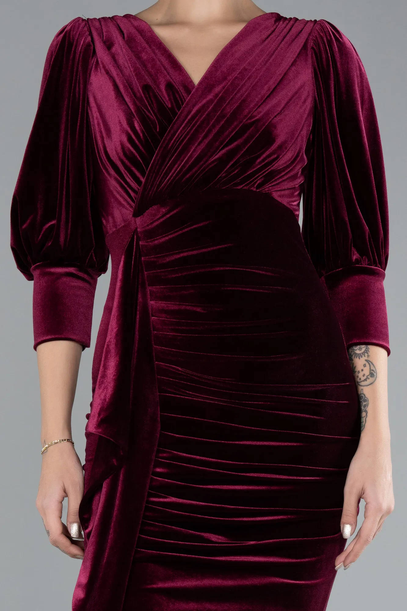 Burgundy-Capri Sleeve Slit Long Velvet Evening Dress ABU4374