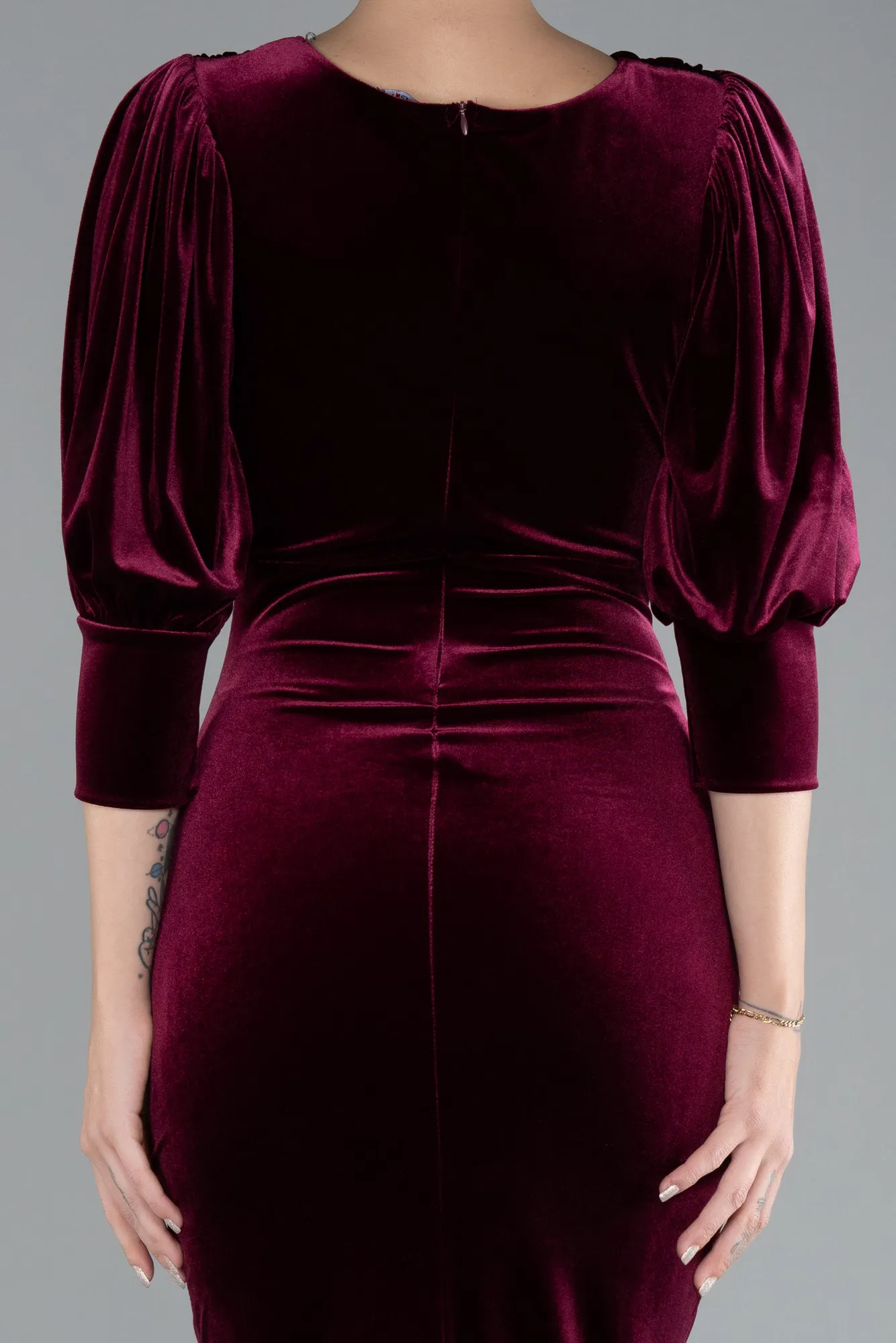 Burgundy-Capri Sleeve Slit Long Velvet Evening Dress ABU4374