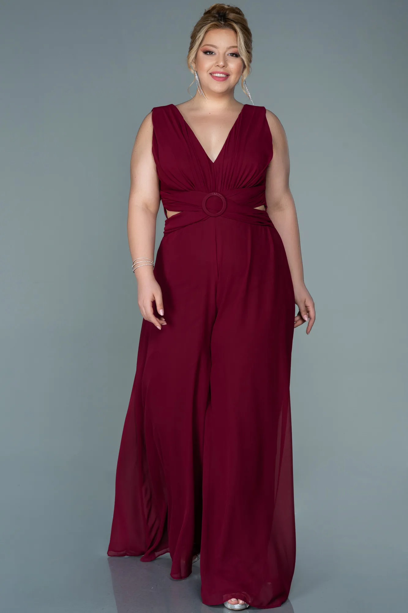 Burgundy-Chiffon Plus Size Evening Dress ABT082
