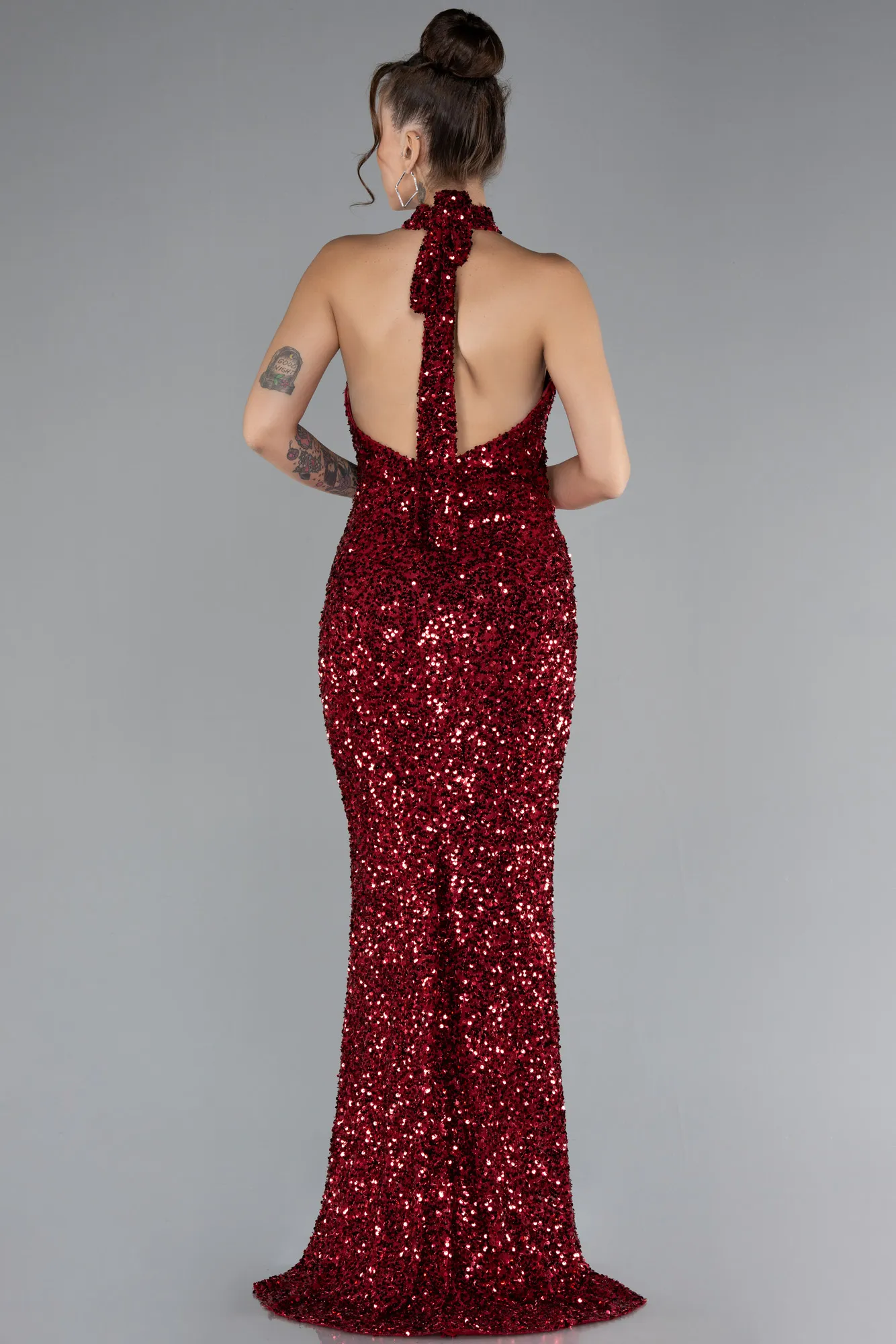 Burgundy-Halter Neck Slit Long Scaly Evening Gown ABU4306