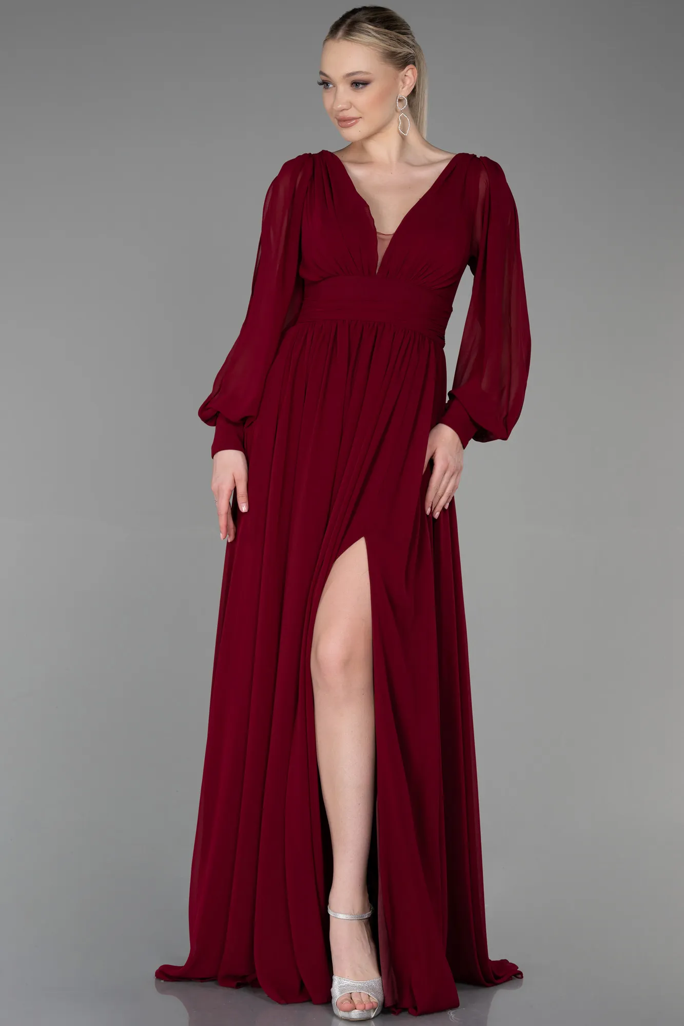 Burgundy-Long Chiffon Evening Dress ABU1702