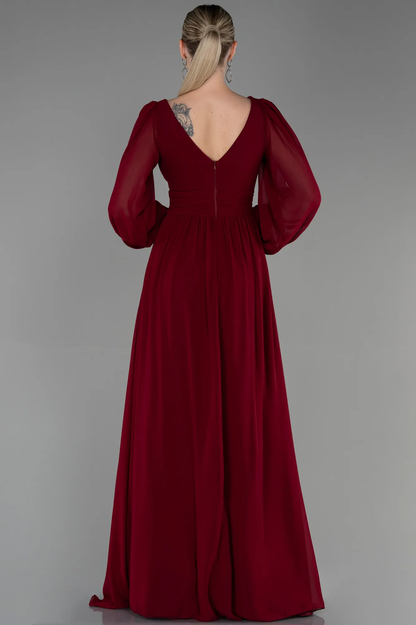 Burgundy-Long Chiffon Evening Dress ABU1702