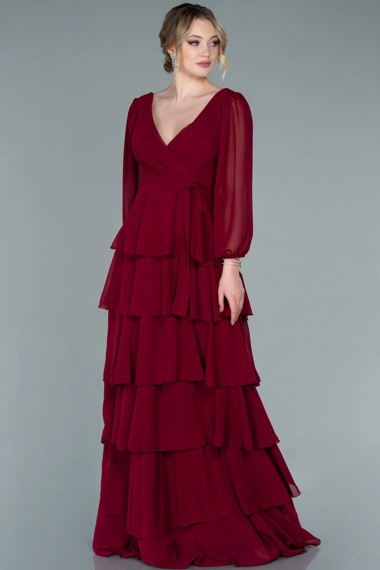 Burgundy-Long Chiffon Evening Dress ABU2322