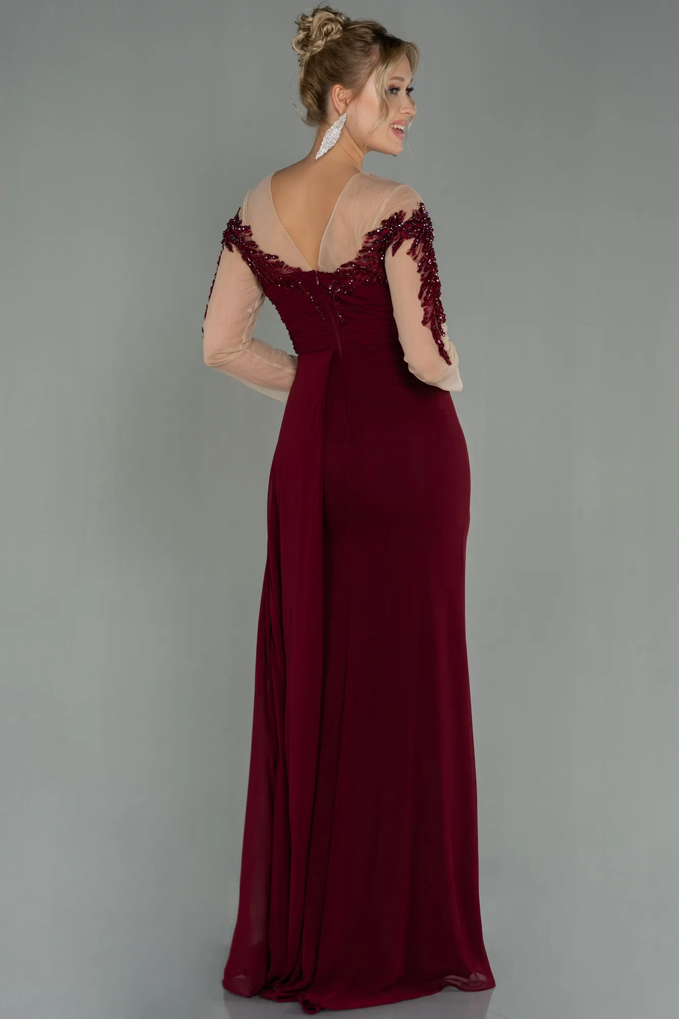 Burgundy-Long Chiffon Evening Dress ABU3012