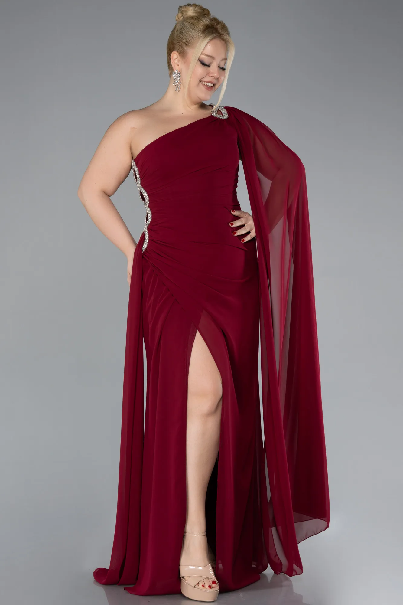 Burgundy-Long Chiffon Formal Plus Size Dress ABU4407