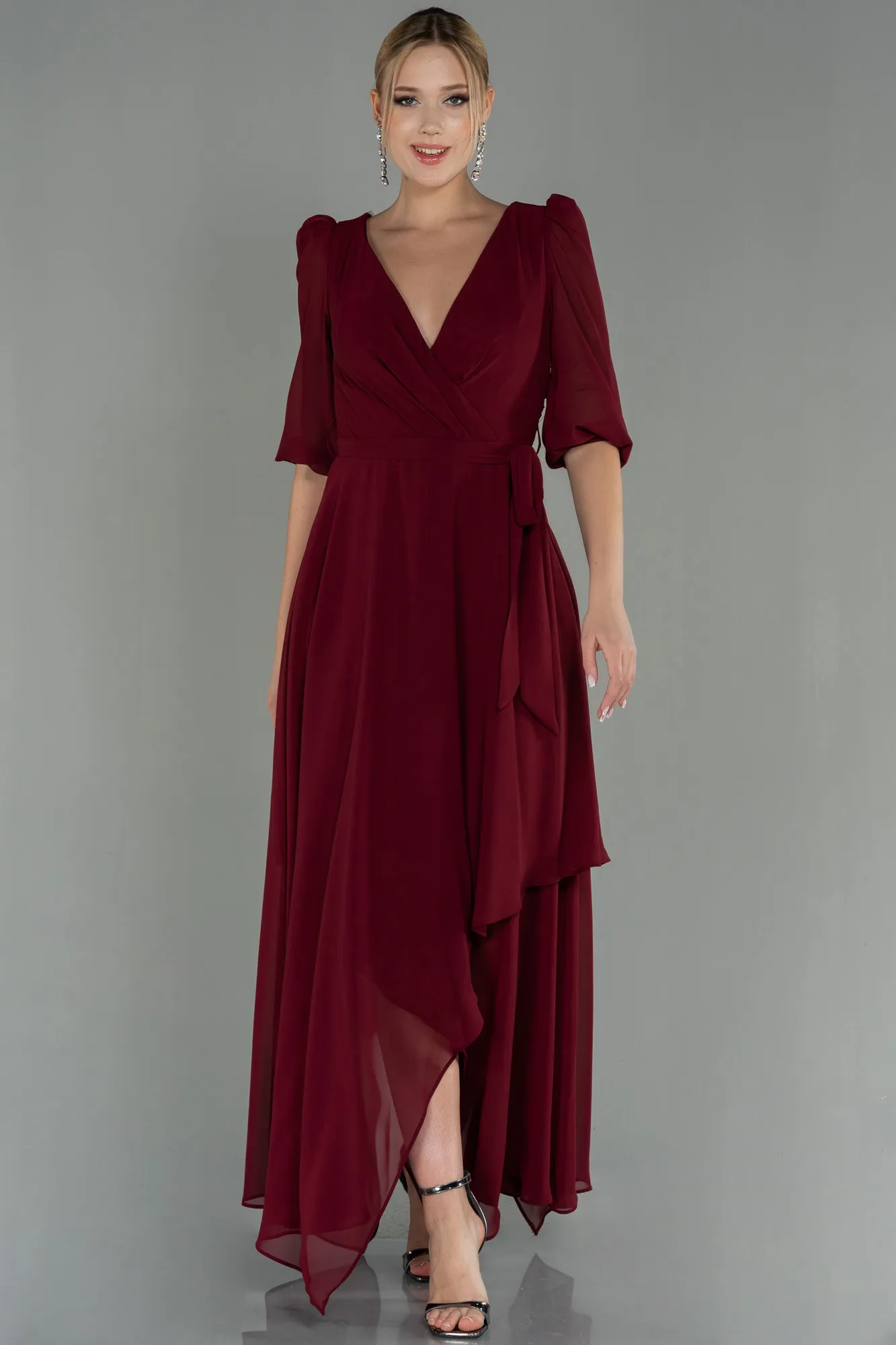 Burgundy-Long Chiffon Invitation Dress ABU1729