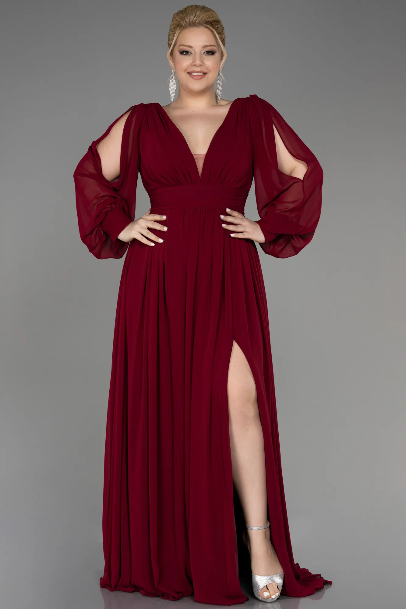 Burgundy-Long Chiffon Oversized Evening Dress ABU1988