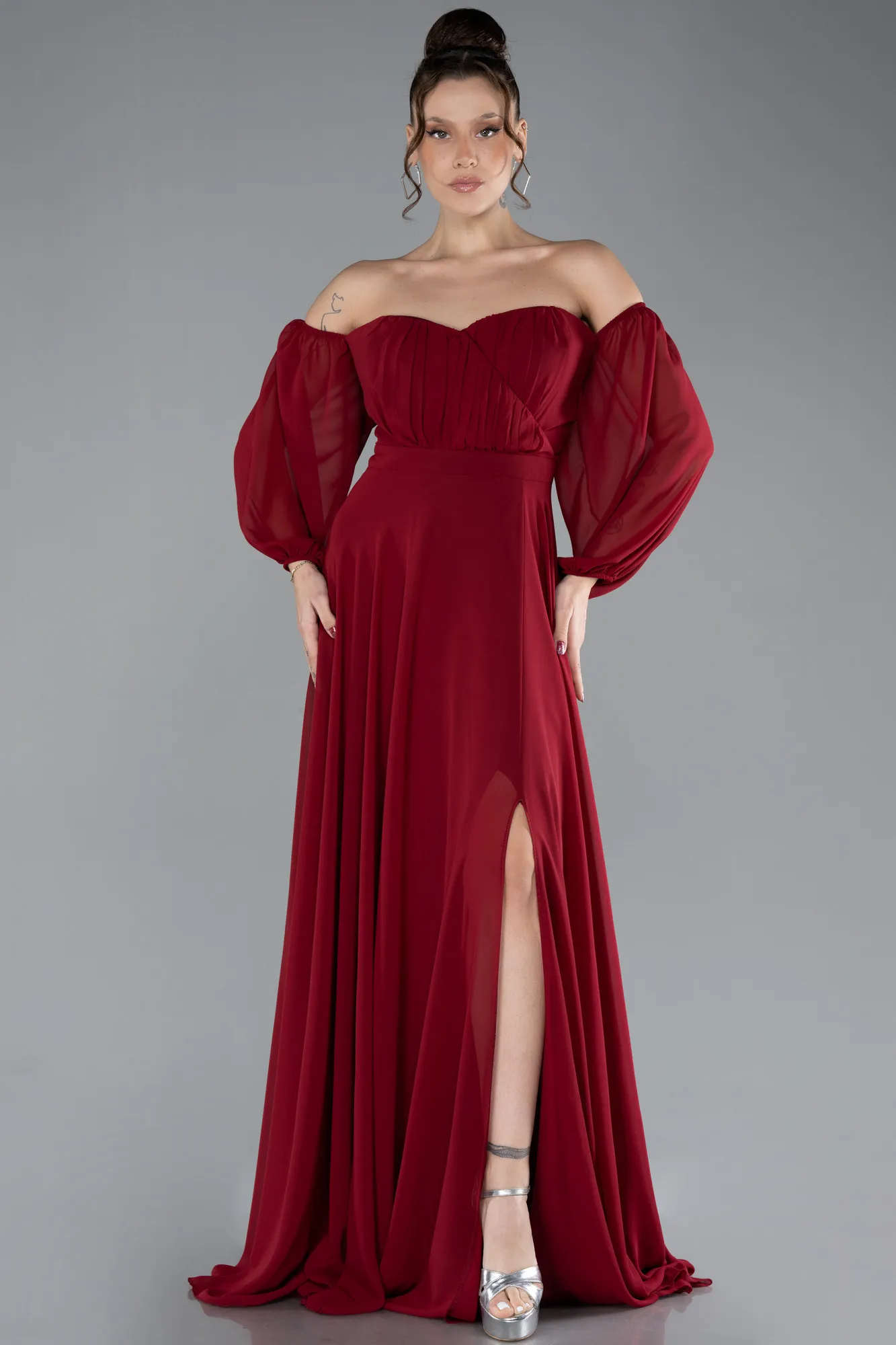 Burgundy-Long Chiffon Oversized Evening Dress ABU2597