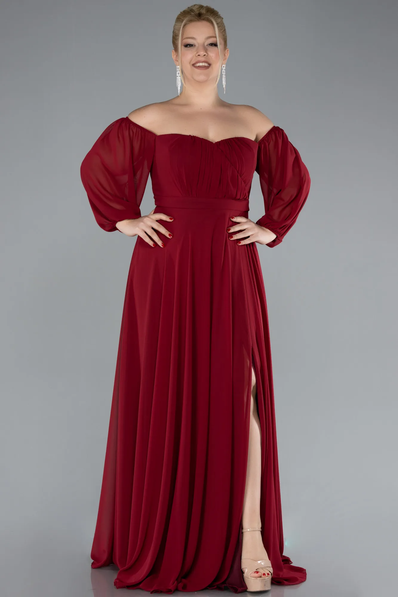 Burgundy-Long Chiffon Oversized Evening Dress ABU2597