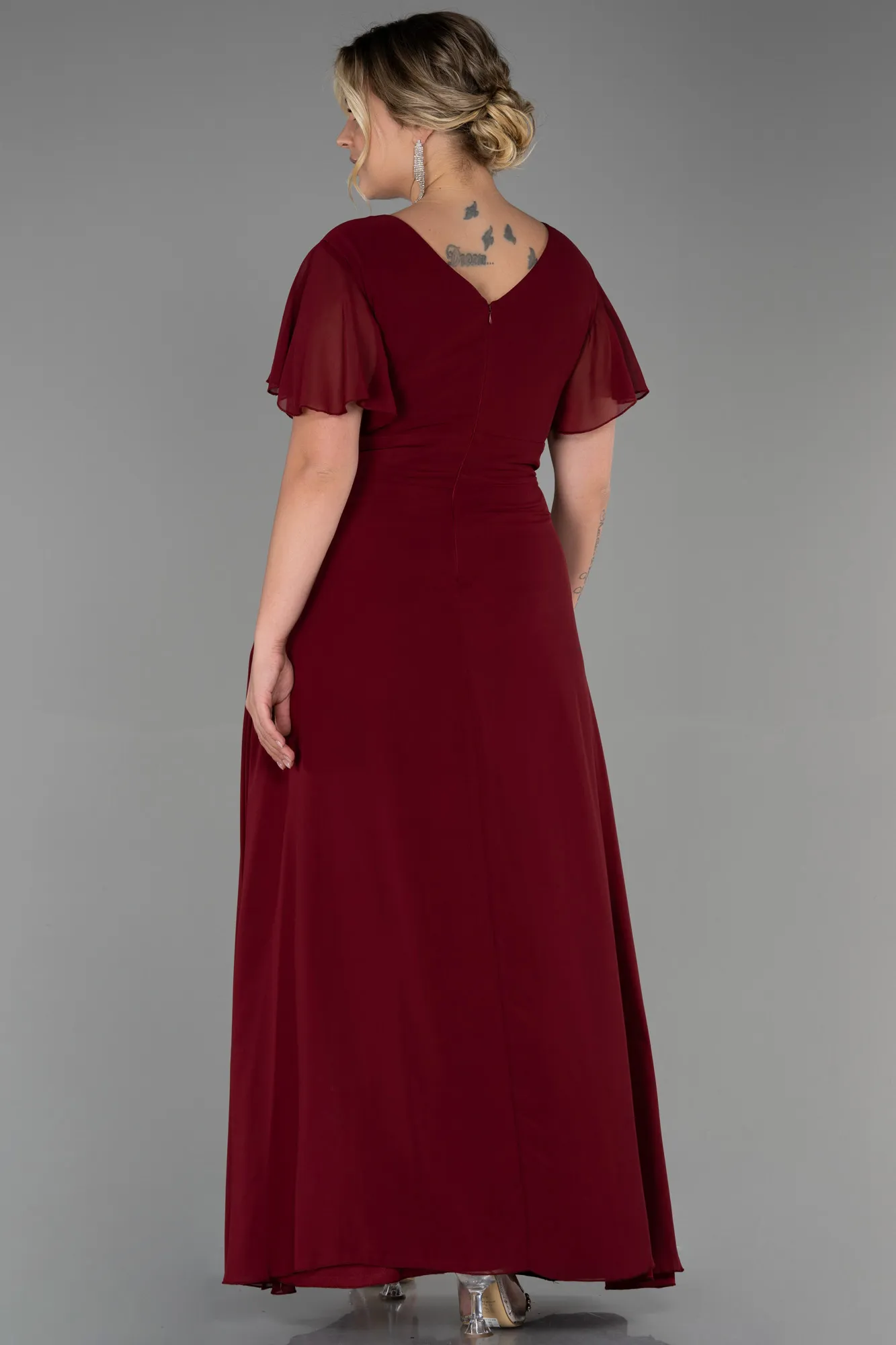 Burgundy-Long Chiffon Plus Size Evening Dress ABU2308