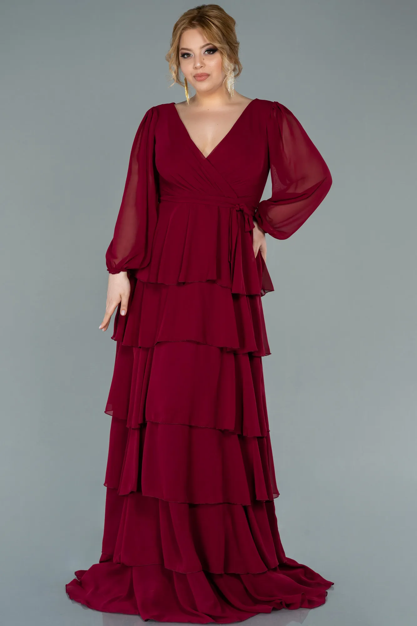 Burgundy-Long Chiffon Plus Size Evening Dress ABU2325