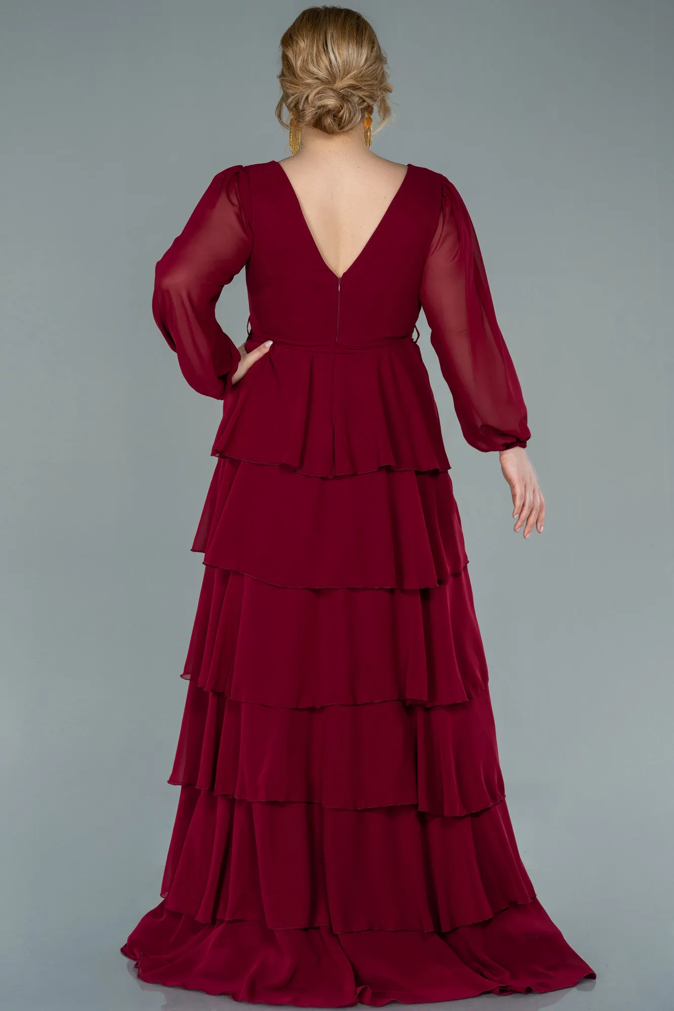 Burgundy-Long Chiffon Plus Size Evening Dress ABU2325
