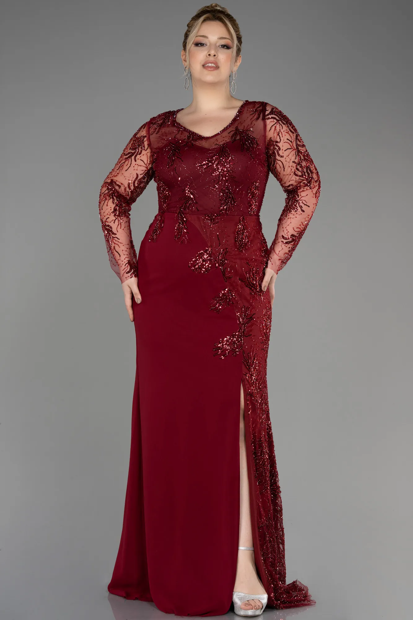 Burgundy-Long Chiffon Plus Size Evening Dress ABU2572