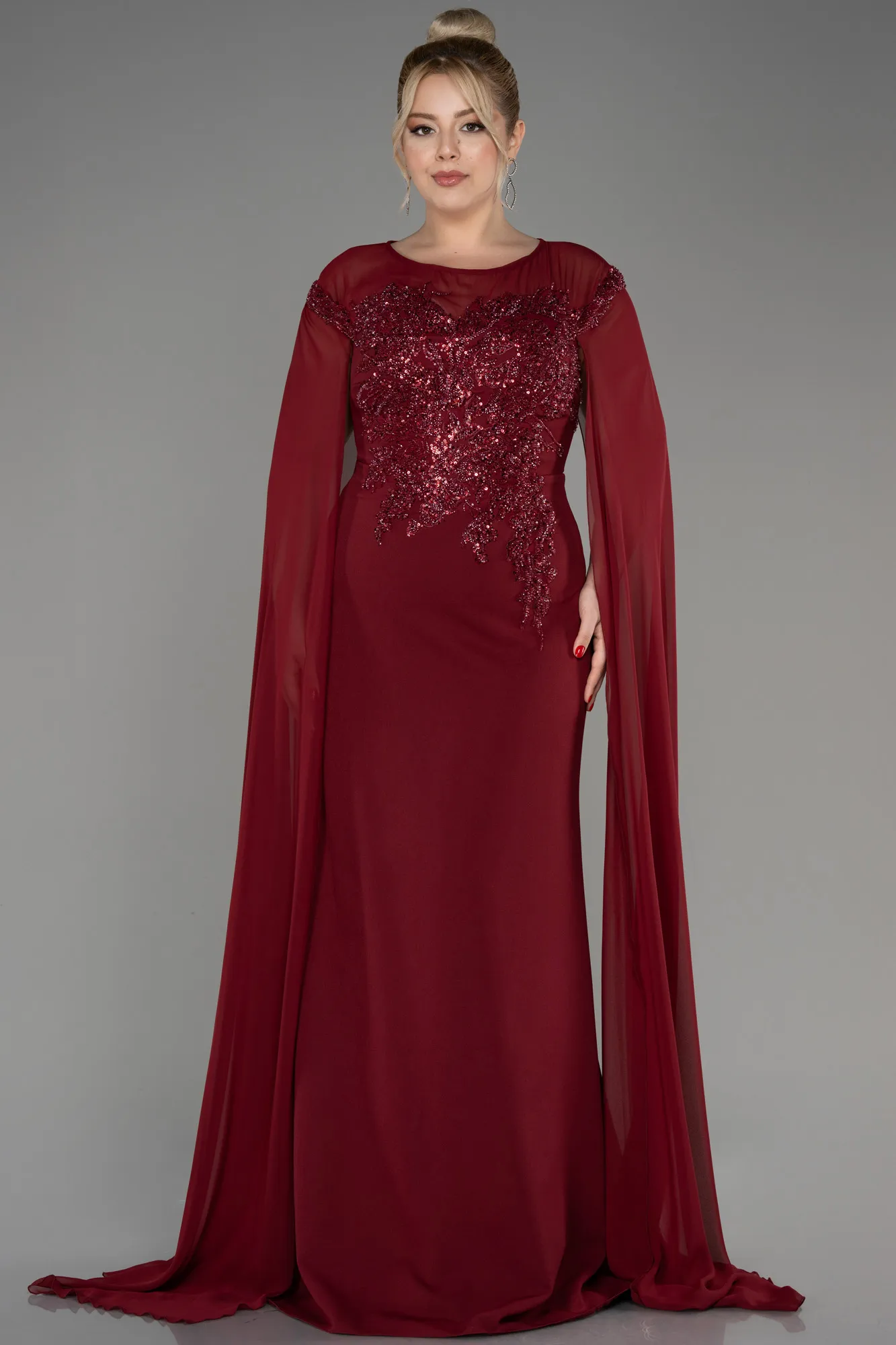 Burgundy-Long Chiffon Sleeve Plus Size Evening Dress ABU3913