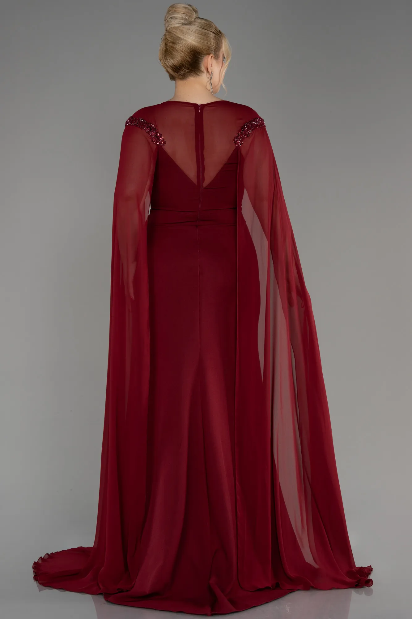 Burgundy-Long Chiffon Sleeve Plus Size Evening Dress ABU3913