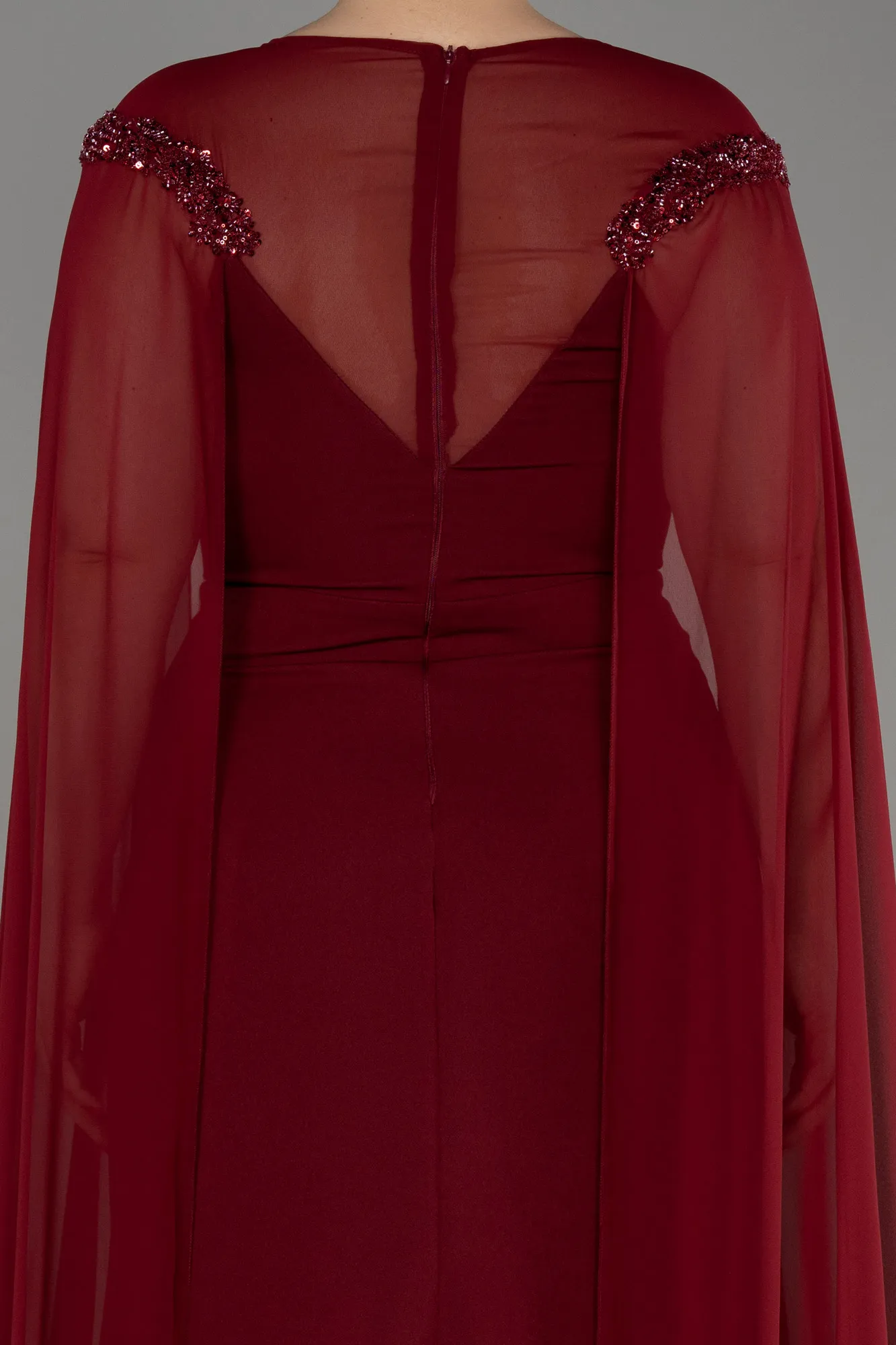 Burgundy-Long Chiffon Sleeve Plus Size Evening Dress ABU3913