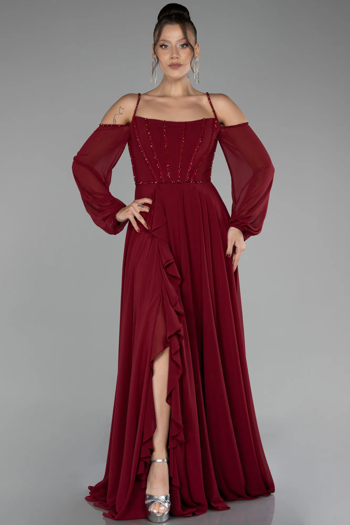 Burgundy-Long Chiffon Slit Evening Dress ABU3914