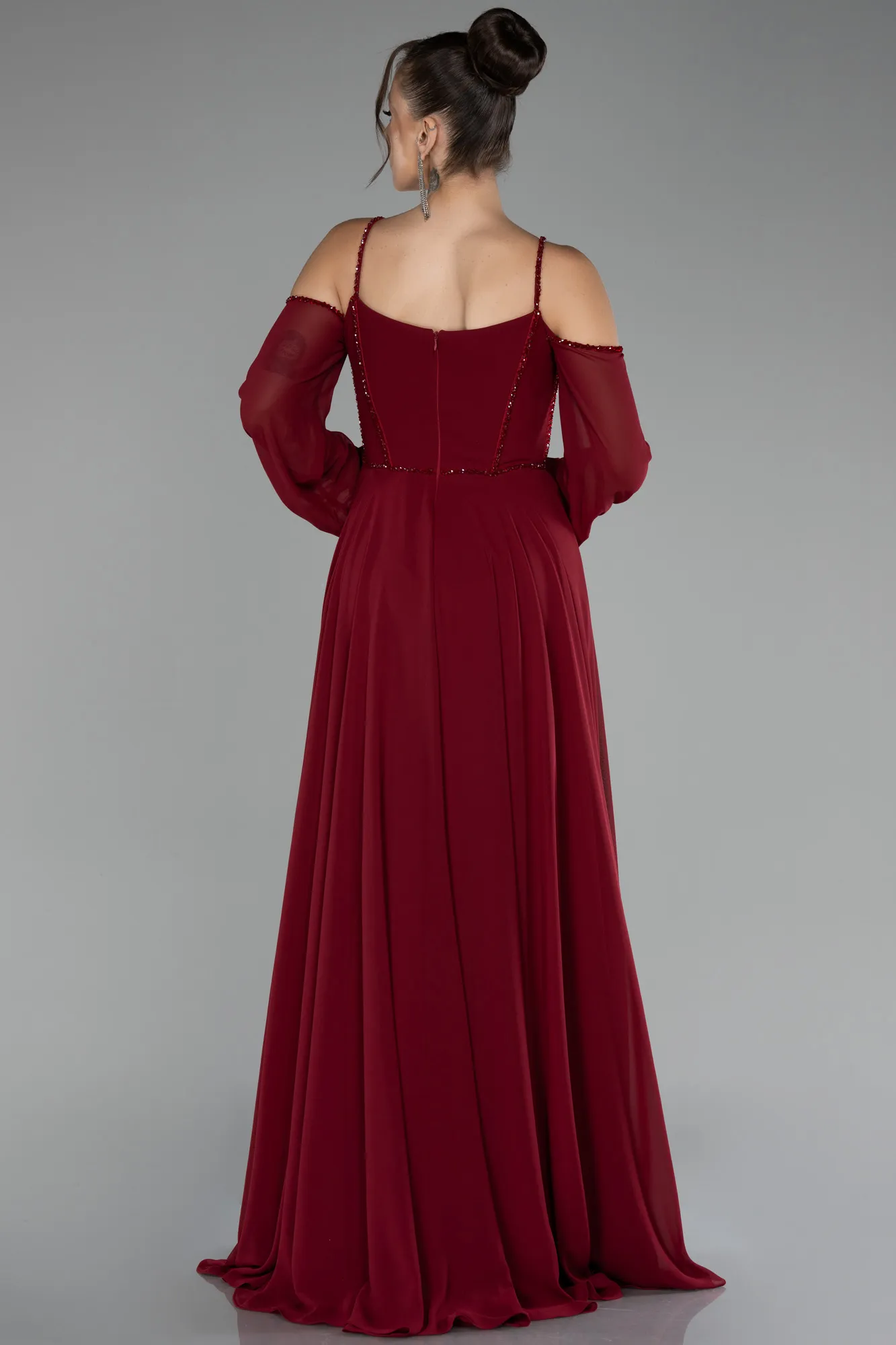 Burgundy-Long Chiffon Slit Evening Dress ABU3914