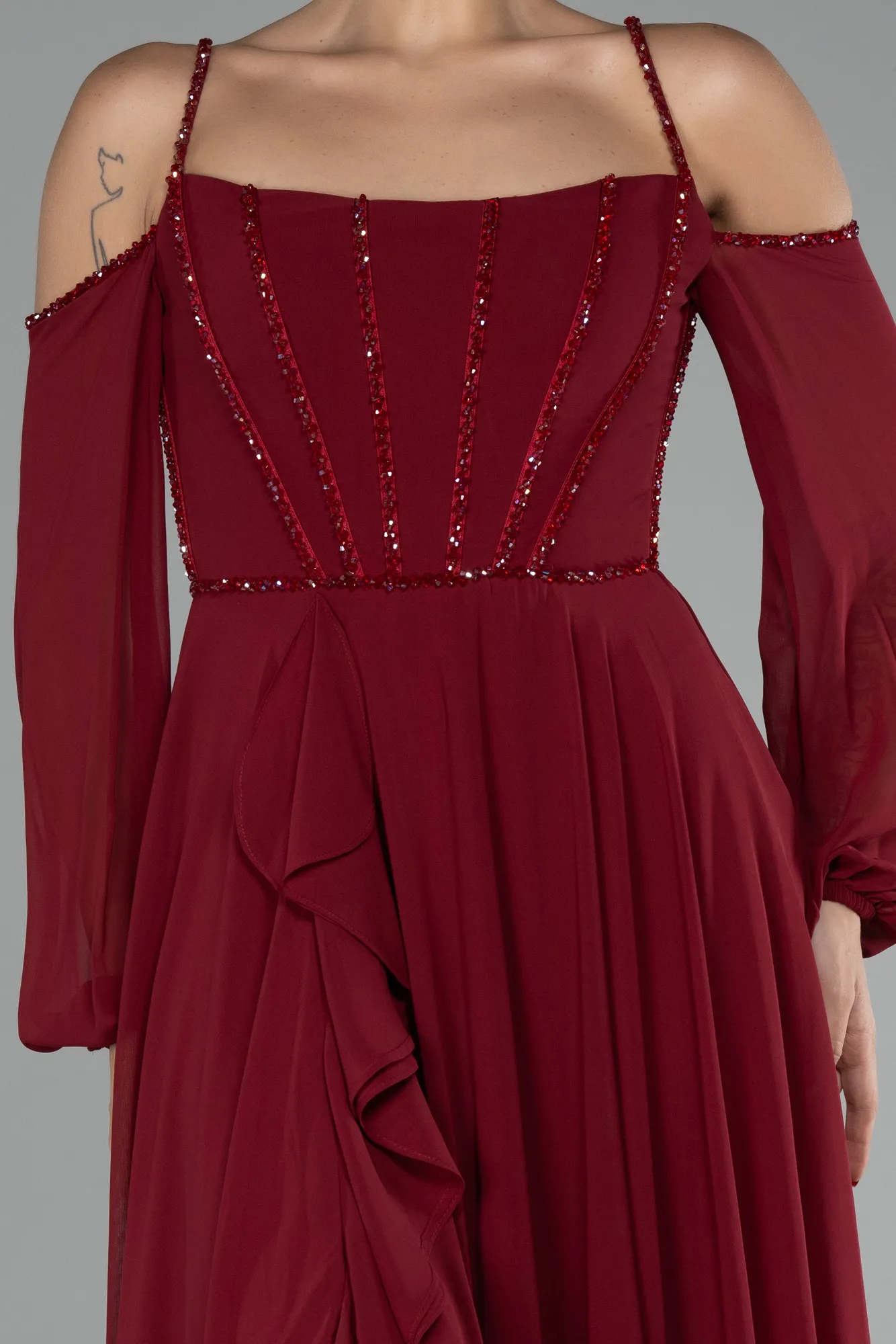 Burgundy-Long Chiffon Slit Evening Dress ABU3914