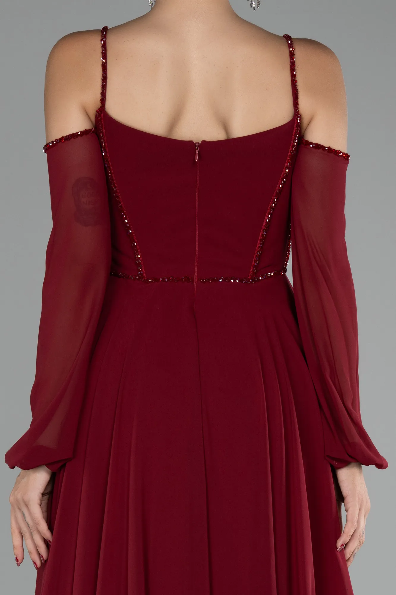 Burgundy-Long Chiffon Slit Evening Dress ABU3914