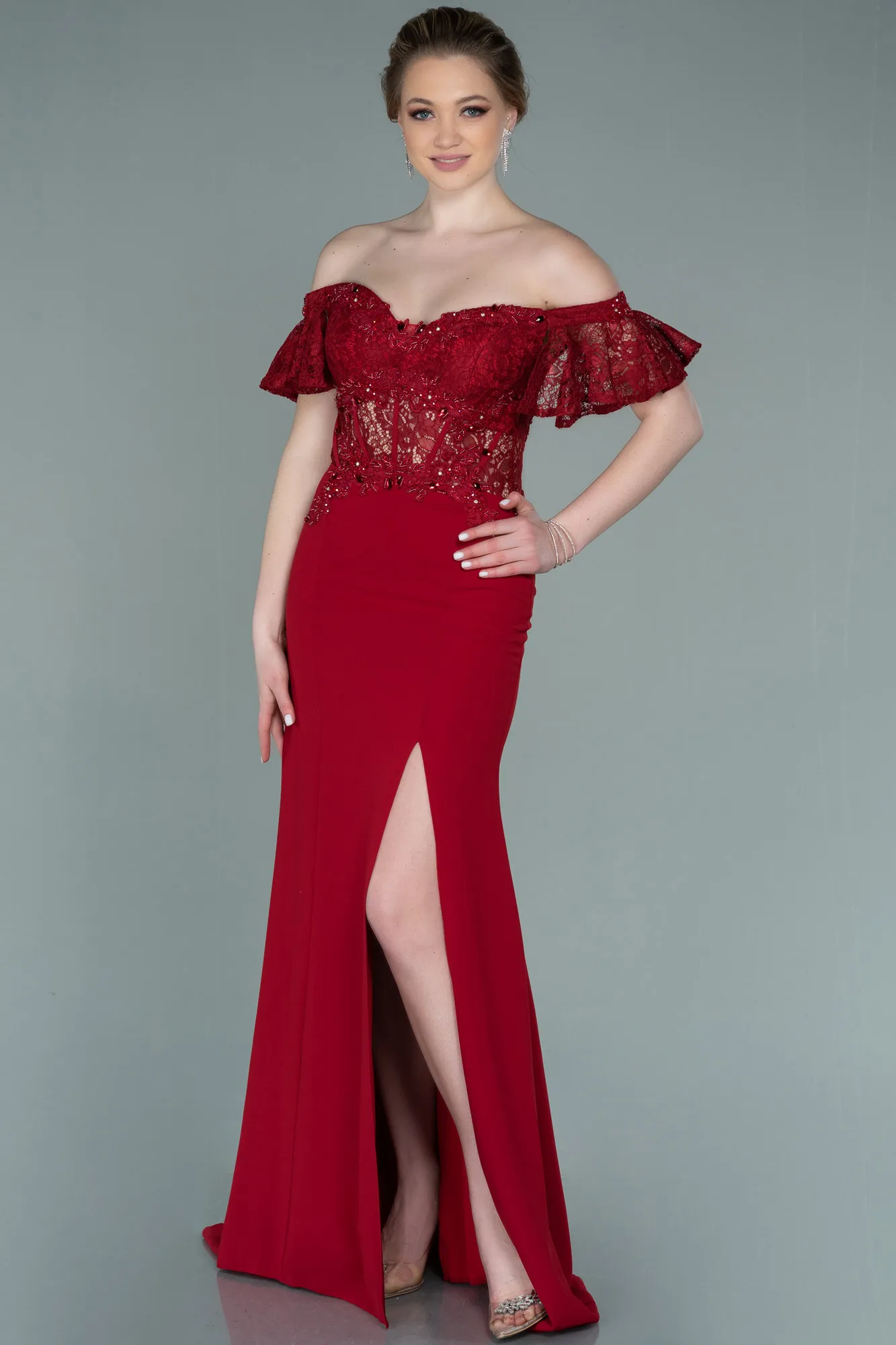 Burgundy-Long Dantelle Evening Dress ABU2261