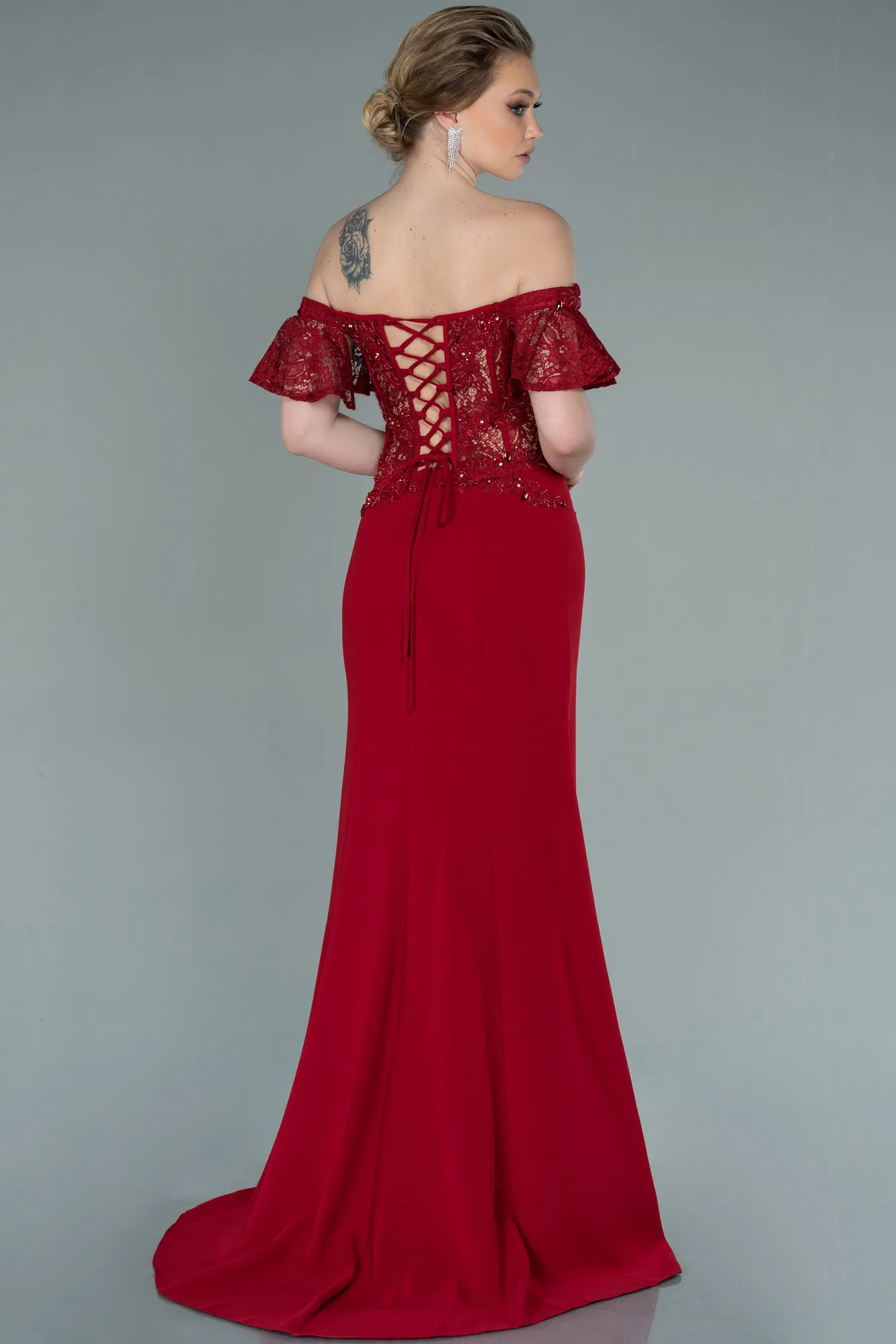 Burgundy-Long Dantelle Evening Dress ABU2261