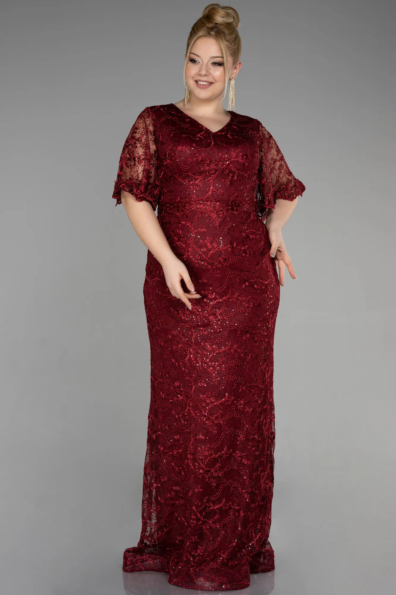 Burgundy-Long Laced Plus Size Engagement Dress ABU3614