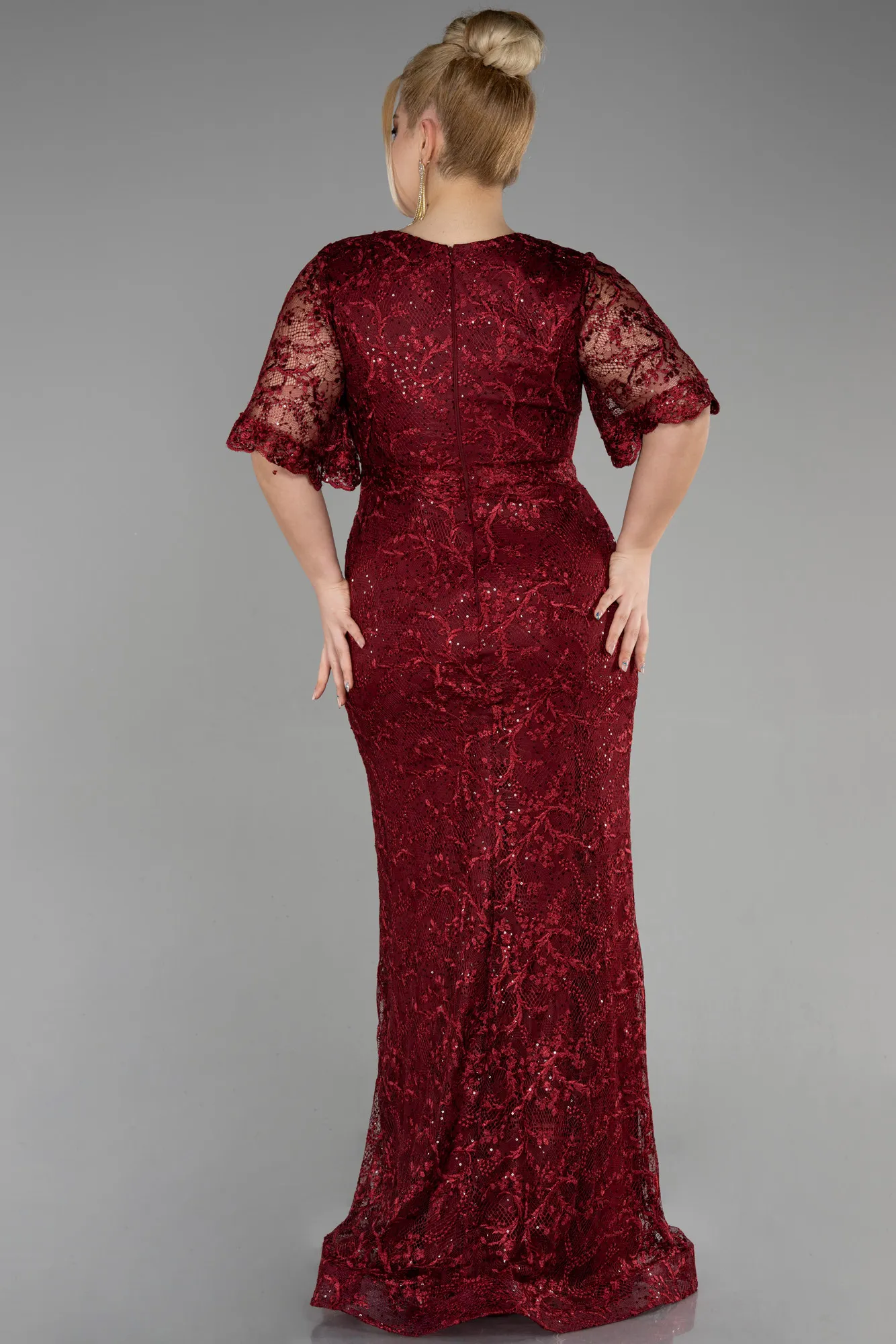 Burgundy-Long Laced Plus Size Engagement Dress ABU3614