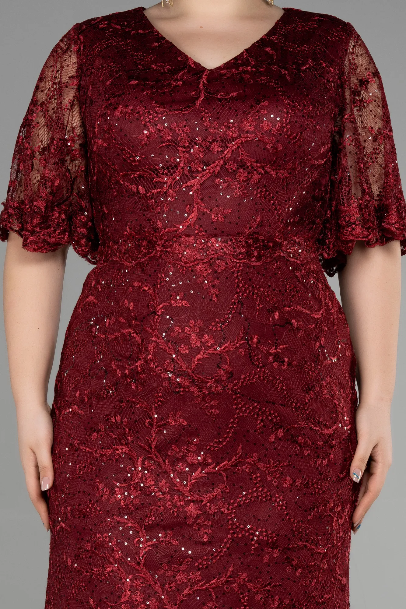 Burgundy-Long Laced Plus Size Engagement Dress ABU3614