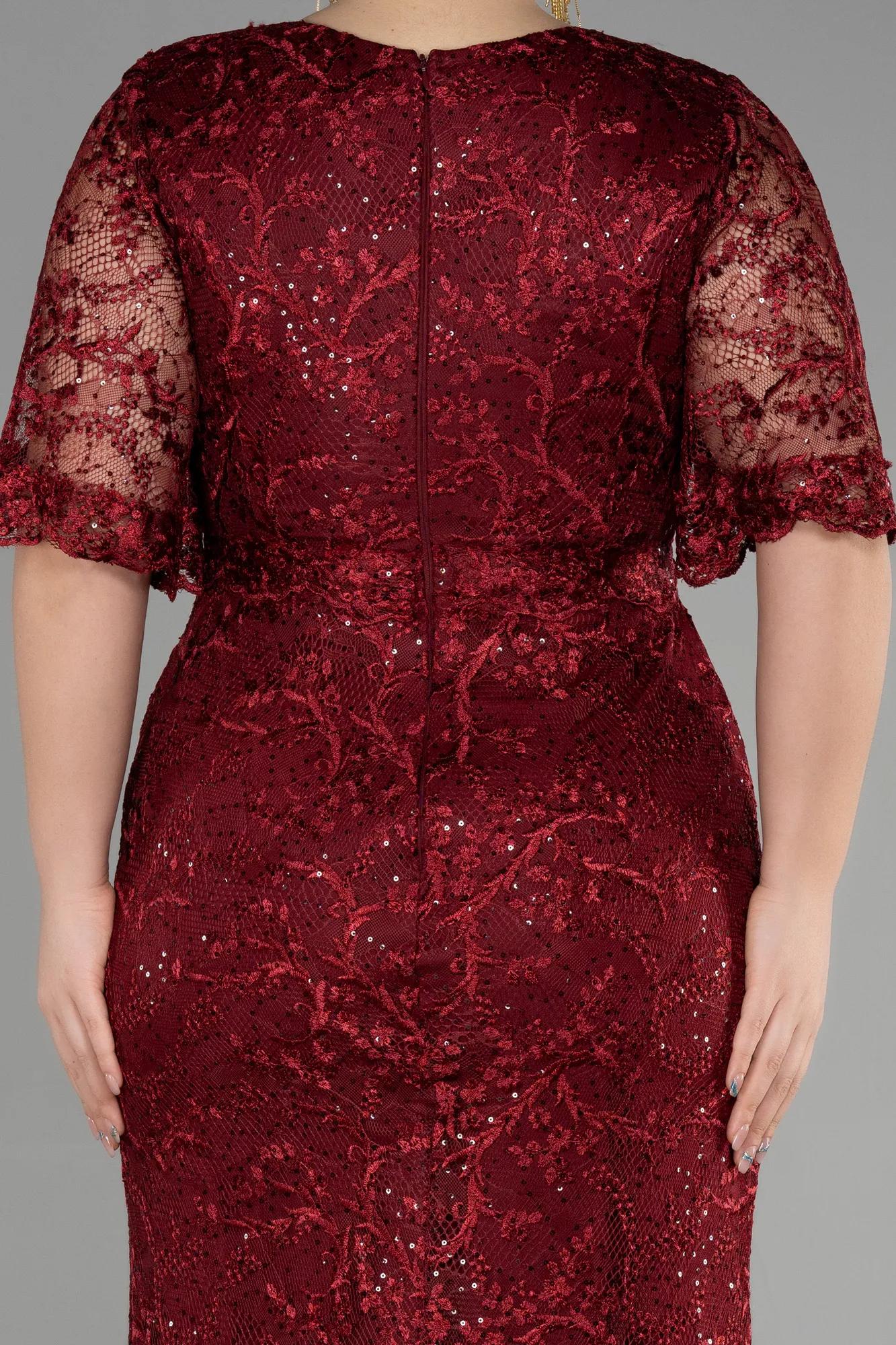 Burgundy-Long Laced Plus Size Engagement Dress ABU3614