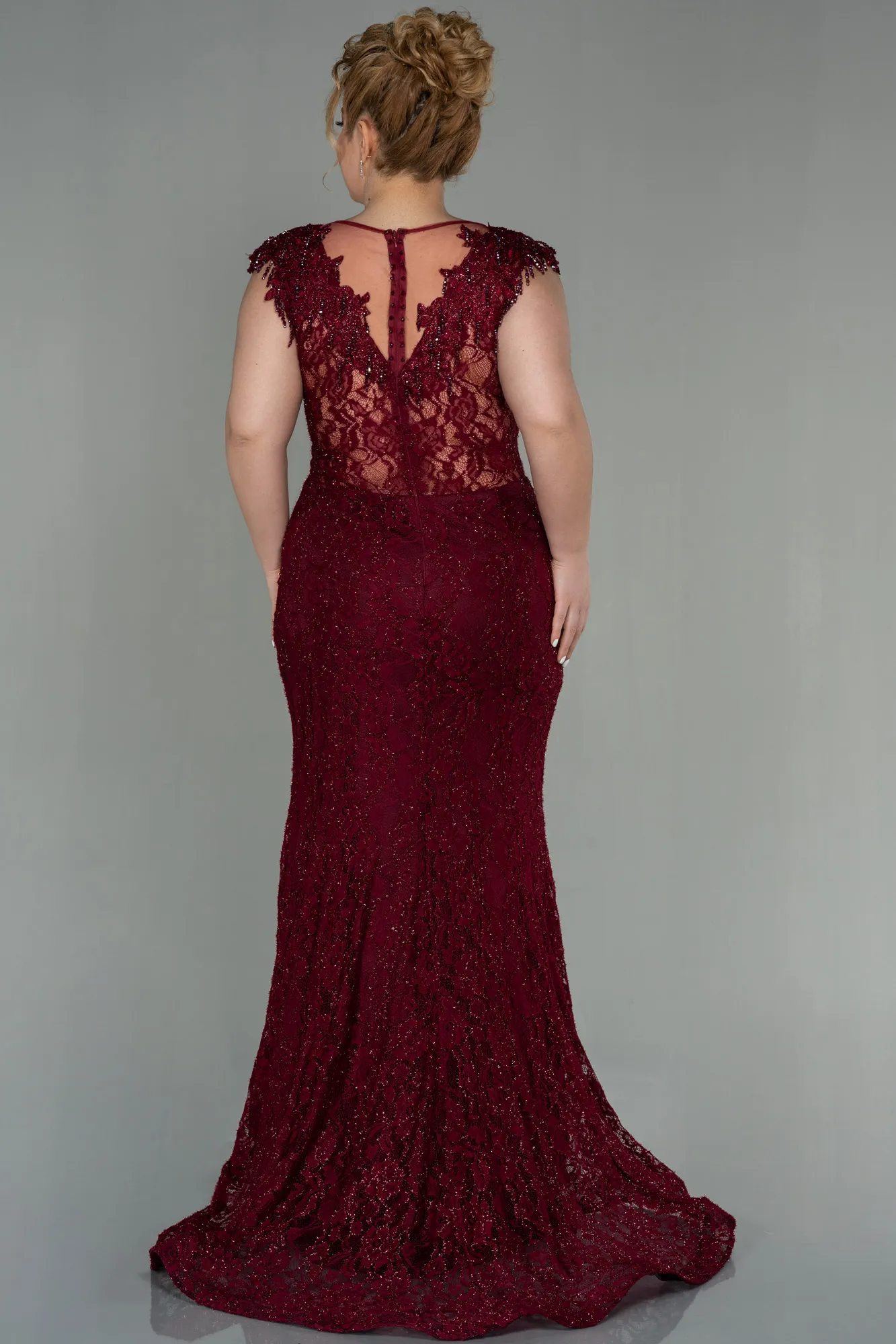 Burgundy-Long Laced Plus Size Evening Dress ABU2650