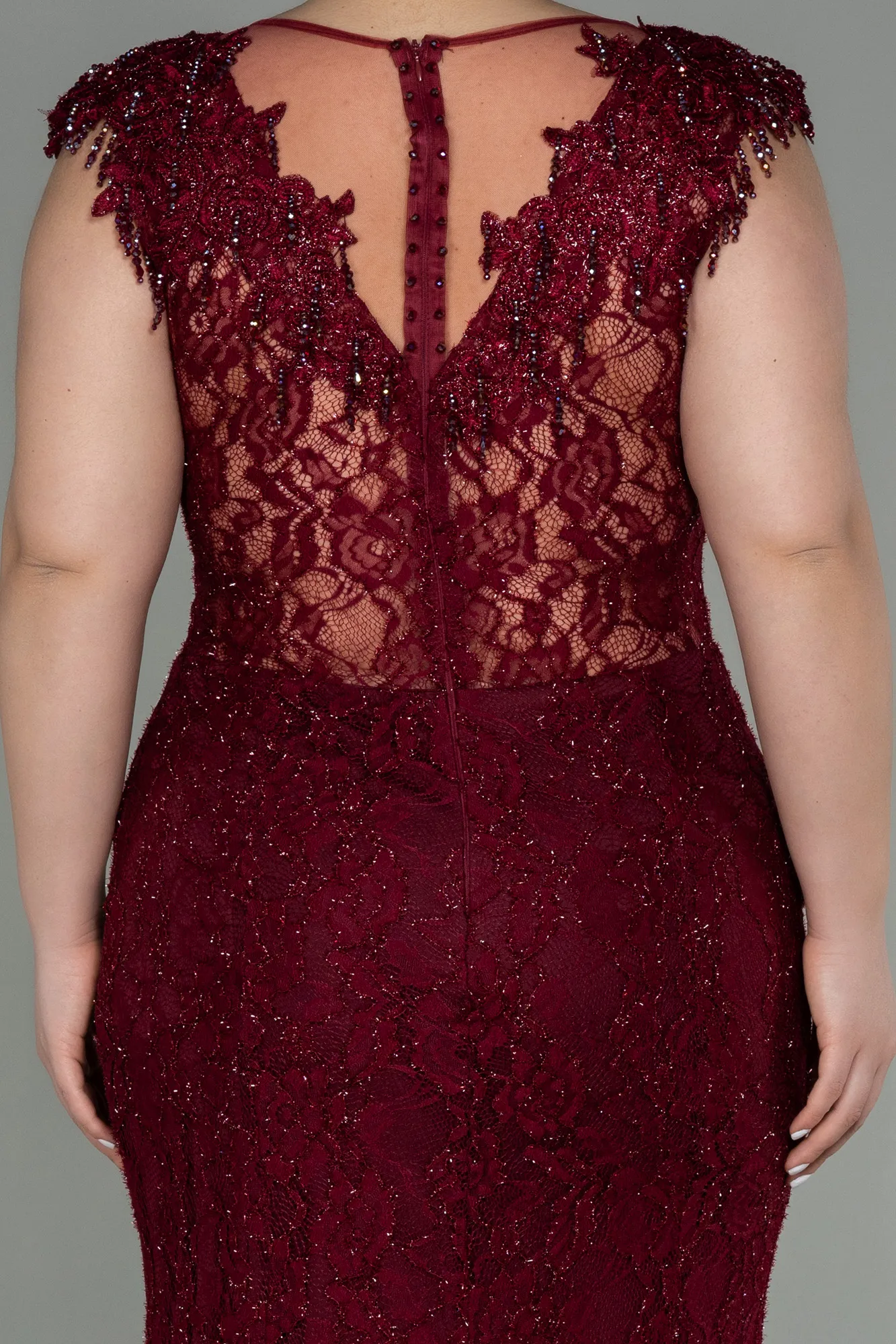 Burgundy-Long Laced Plus Size Evening Dress ABU2650