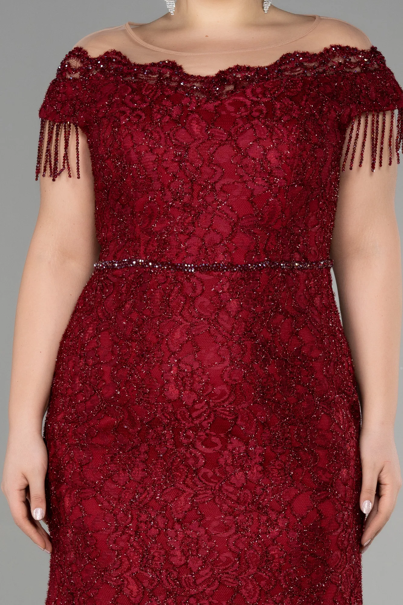 Burgundy-Long Laced Plus Size Evening Dress ABU3435
