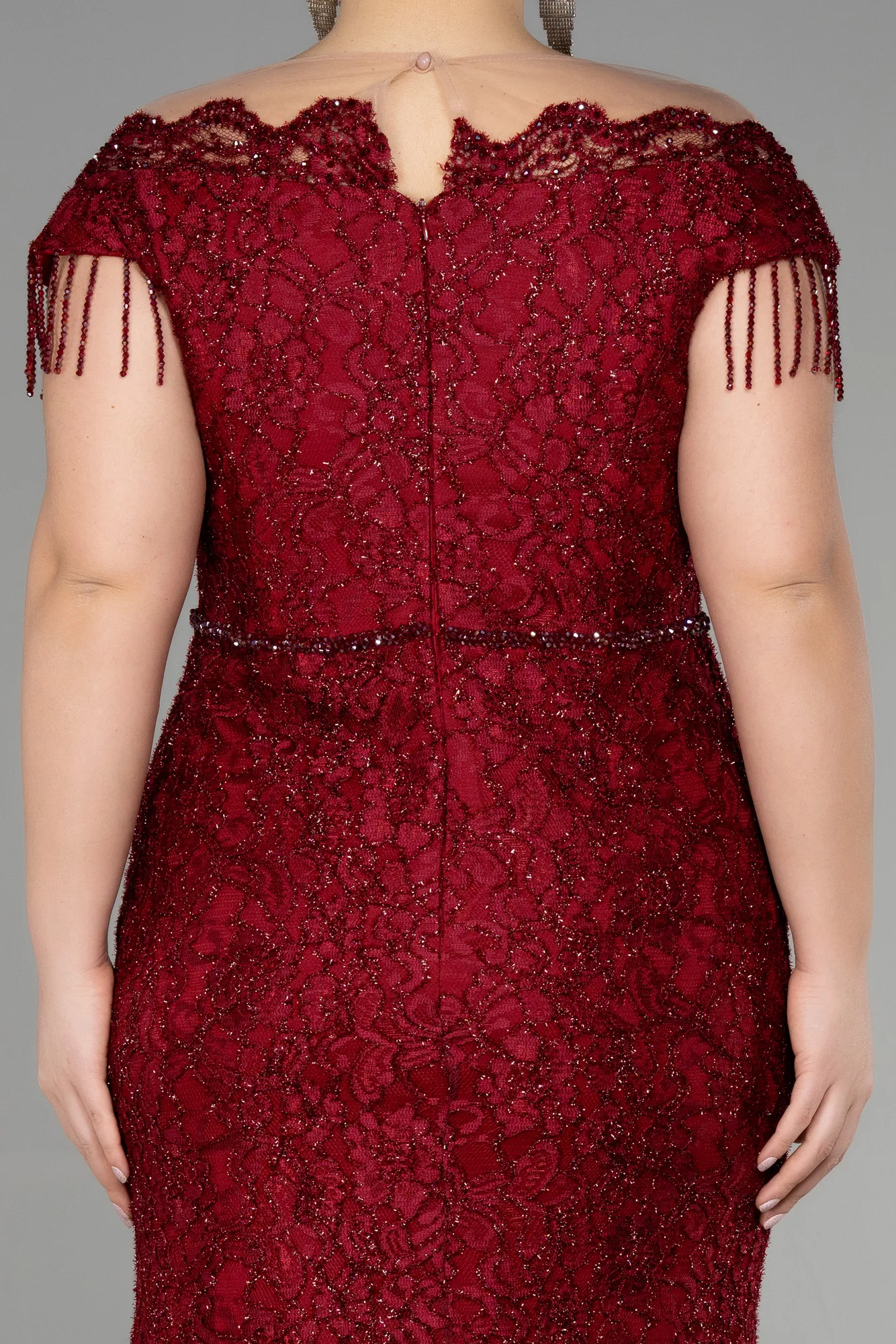 Burgundy-Long Laced Plus Size Evening Dress ABU3435