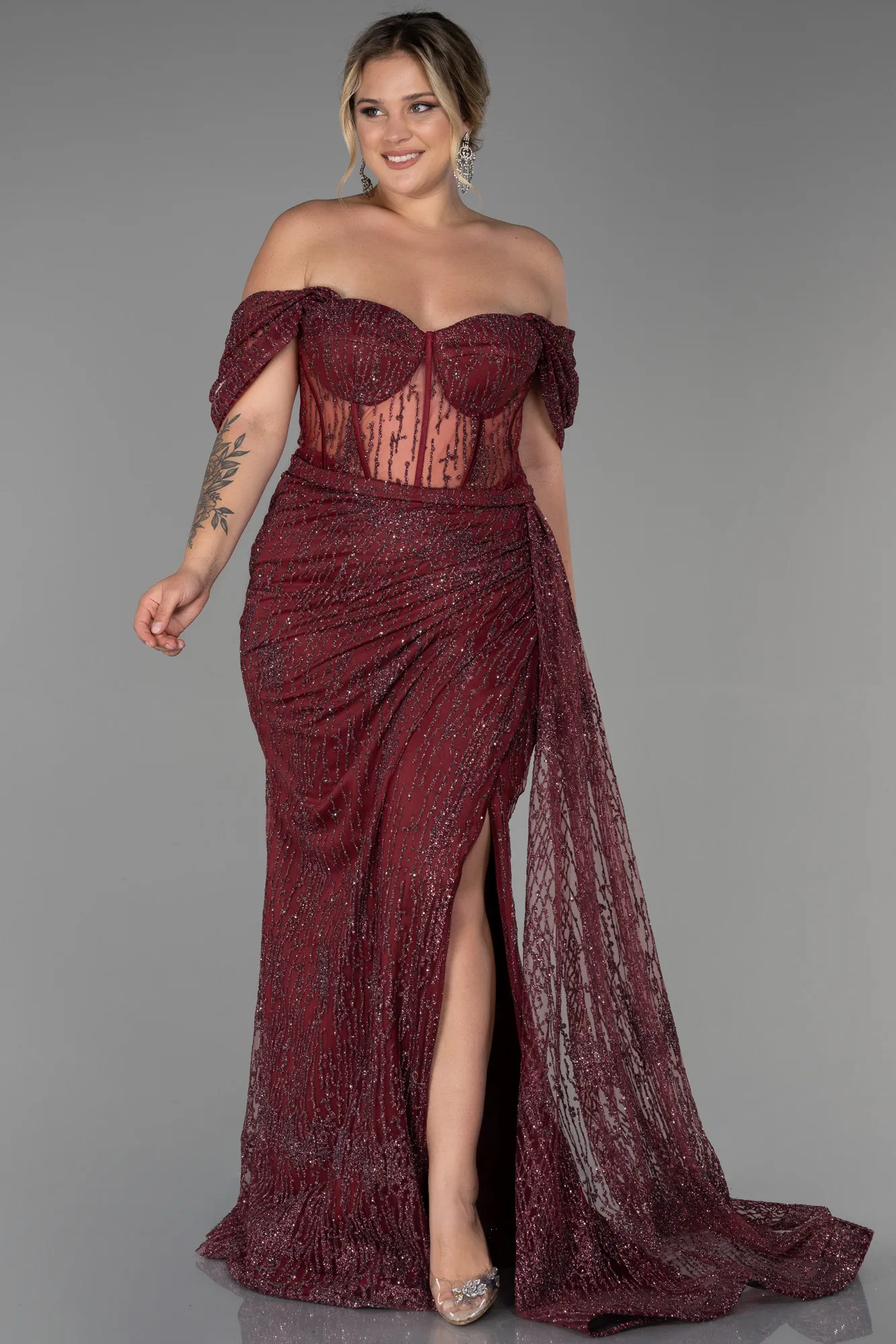 Burgundy-Long Plus Size Evening Dress ABU3097