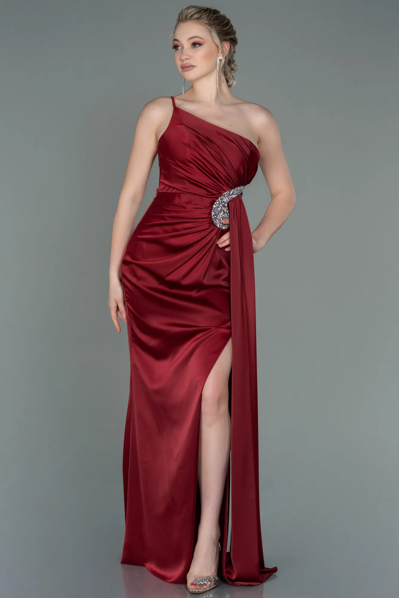 Burgundy-Long Satin Engagement Dress ABU3088