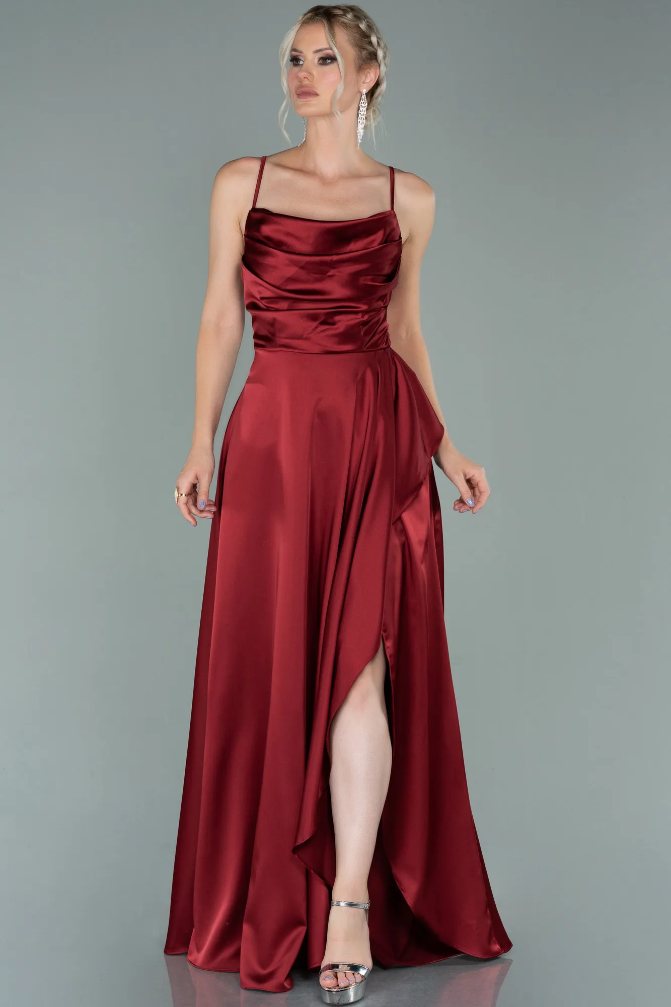 Burgundy-Long Satin Evening Dress ABU1843