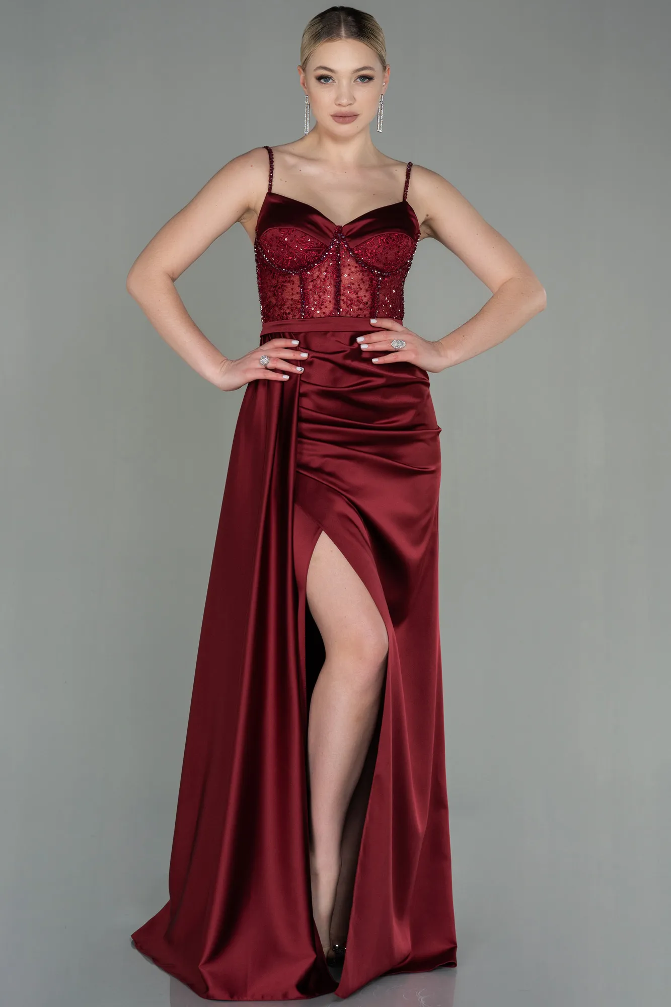 Burgundy-Long Satin Evening Dress ABU2130