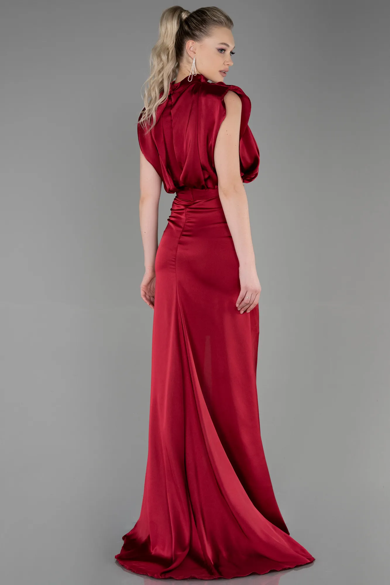 Burgundy-Long Satin Evening Dress ABU2133