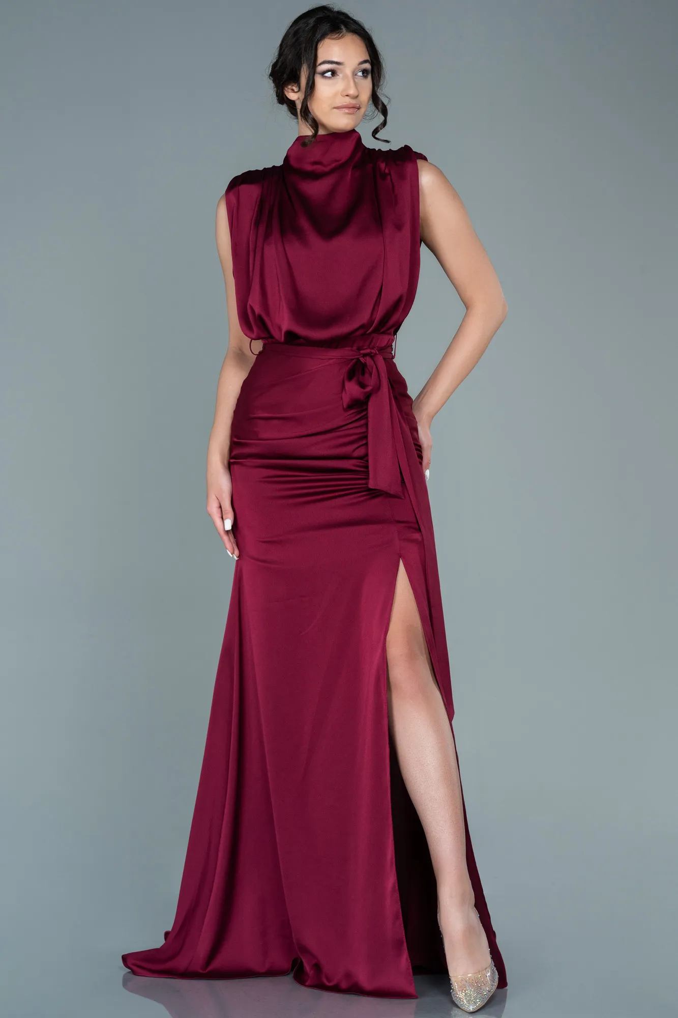 Burgundy-Long Satin Evening Dress ABU2133