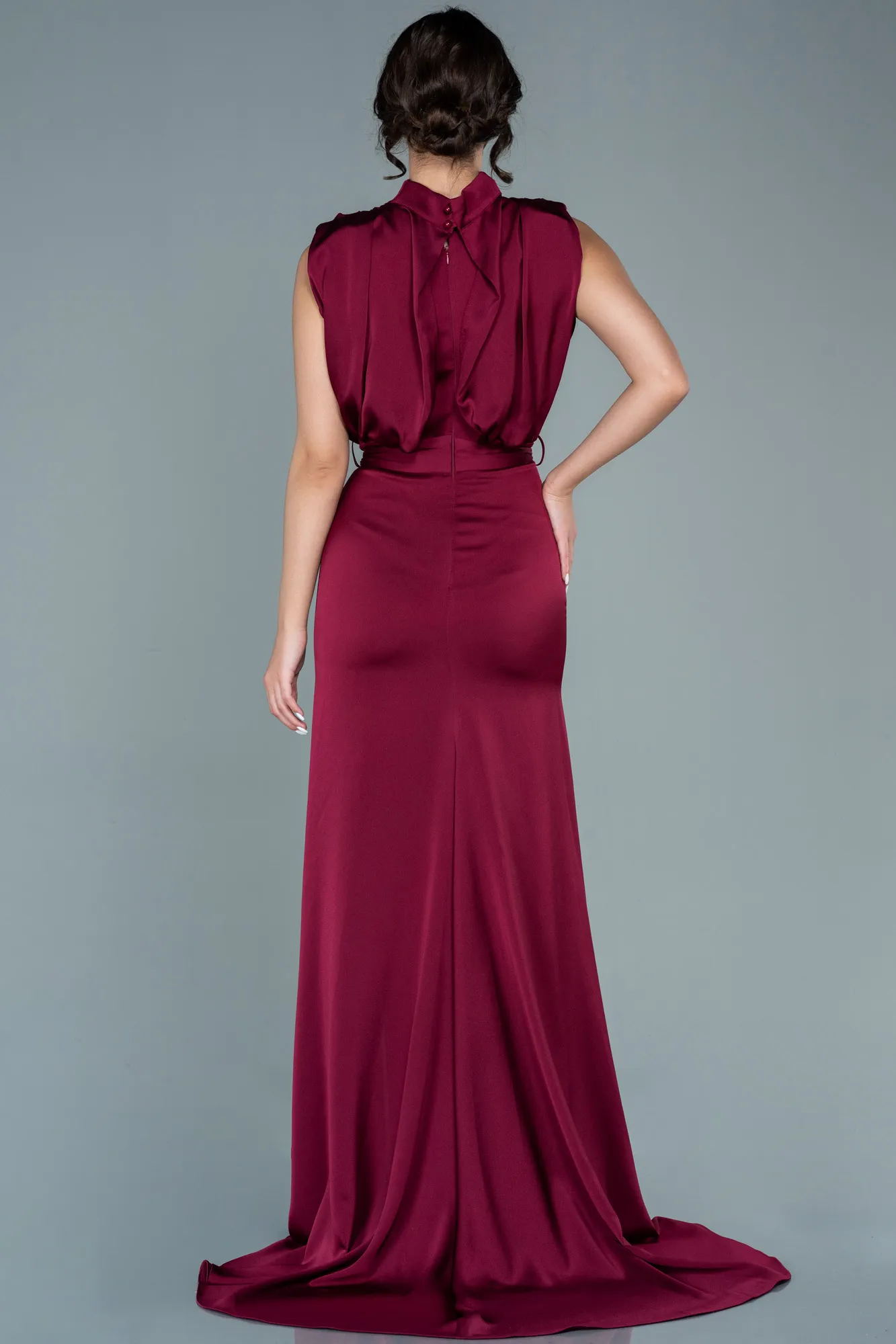 Burgundy-Long Satin Evening Dress ABU2133