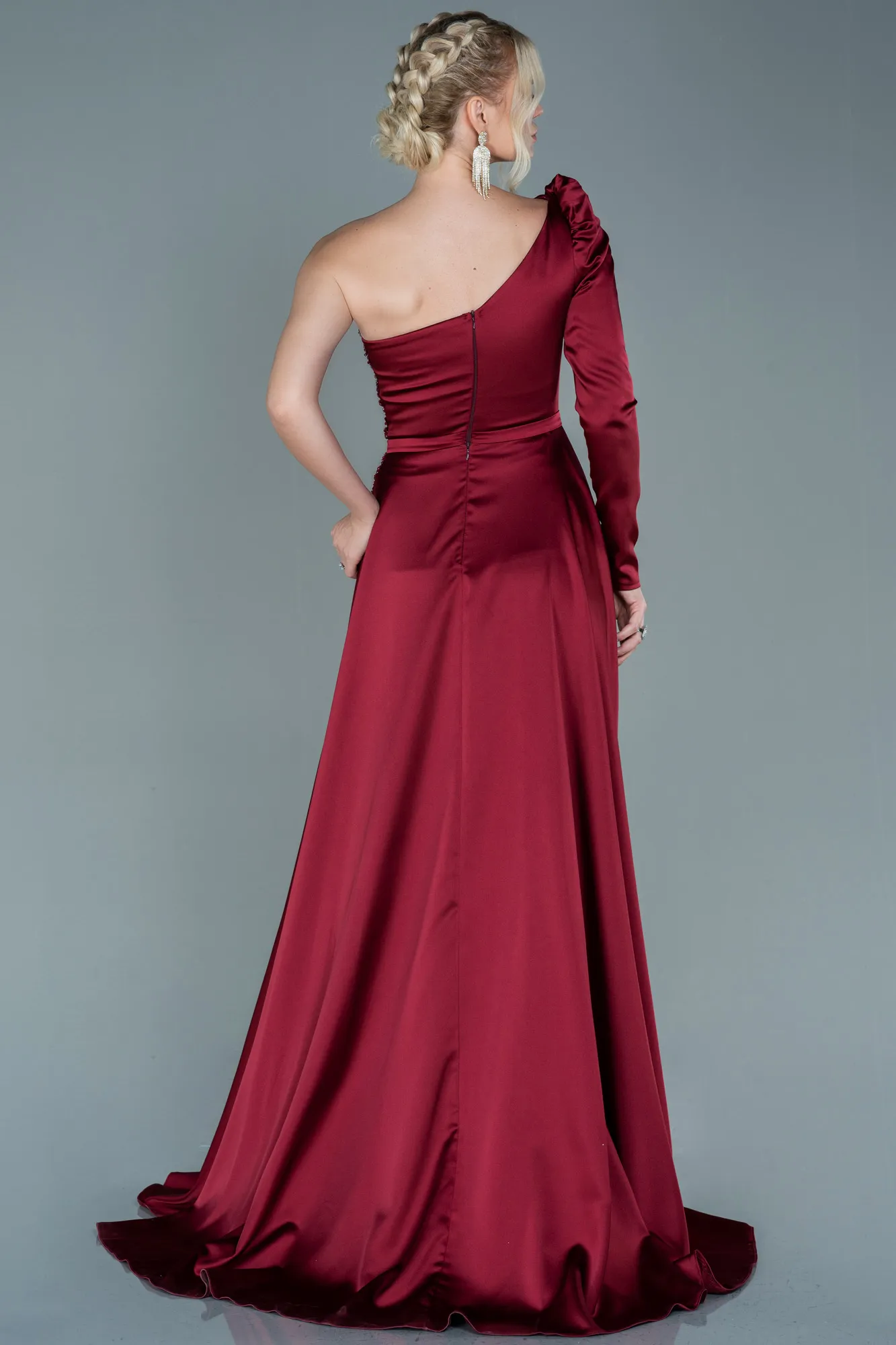 Burgundy-Long Satin Evening Dress ABU2610