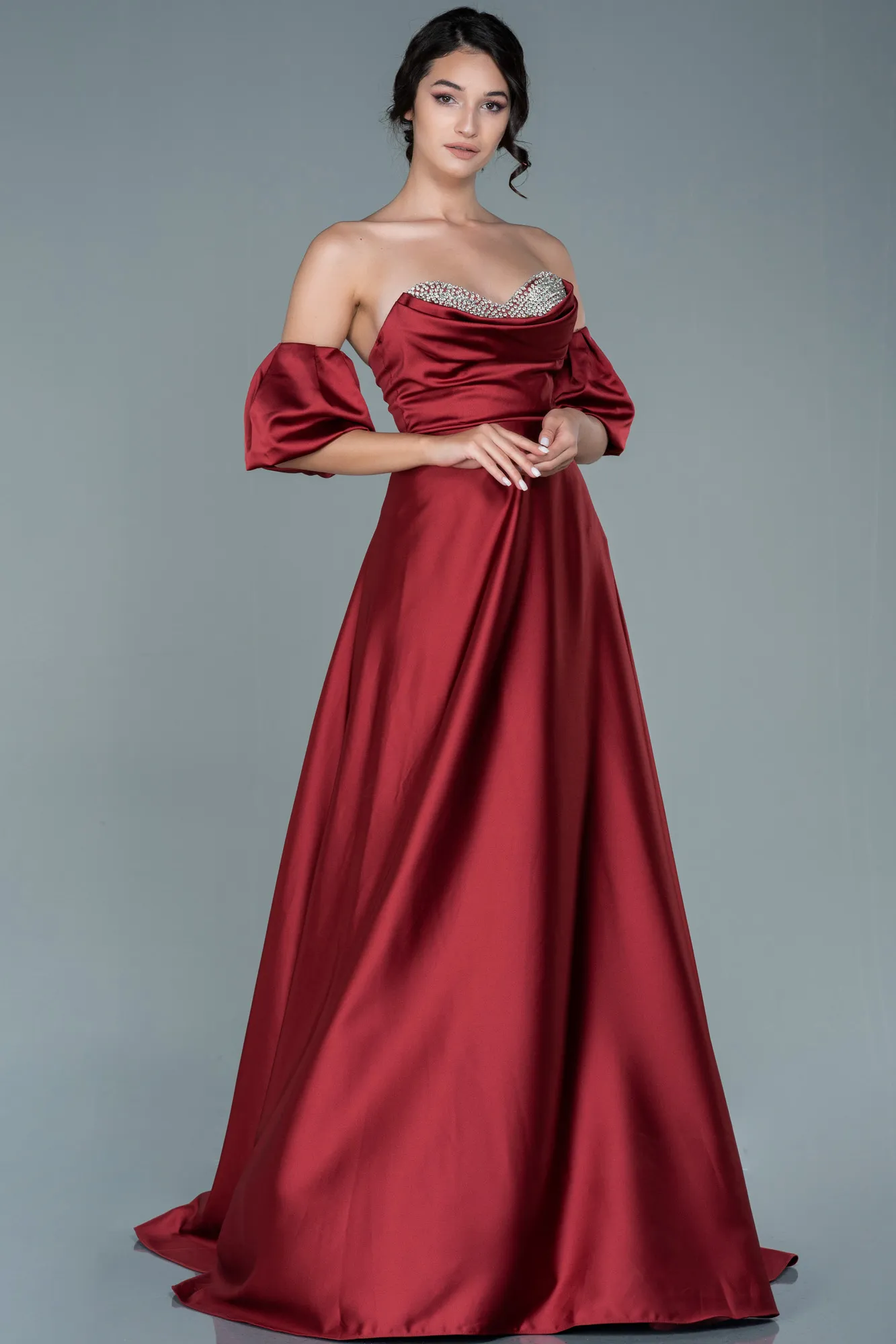 Burgundy-Long Satin Evening Dress ABU2614