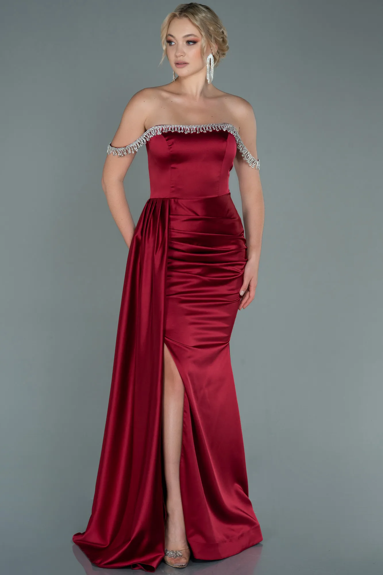 Burgundy-Long Satin Evening Dress ABU2618
