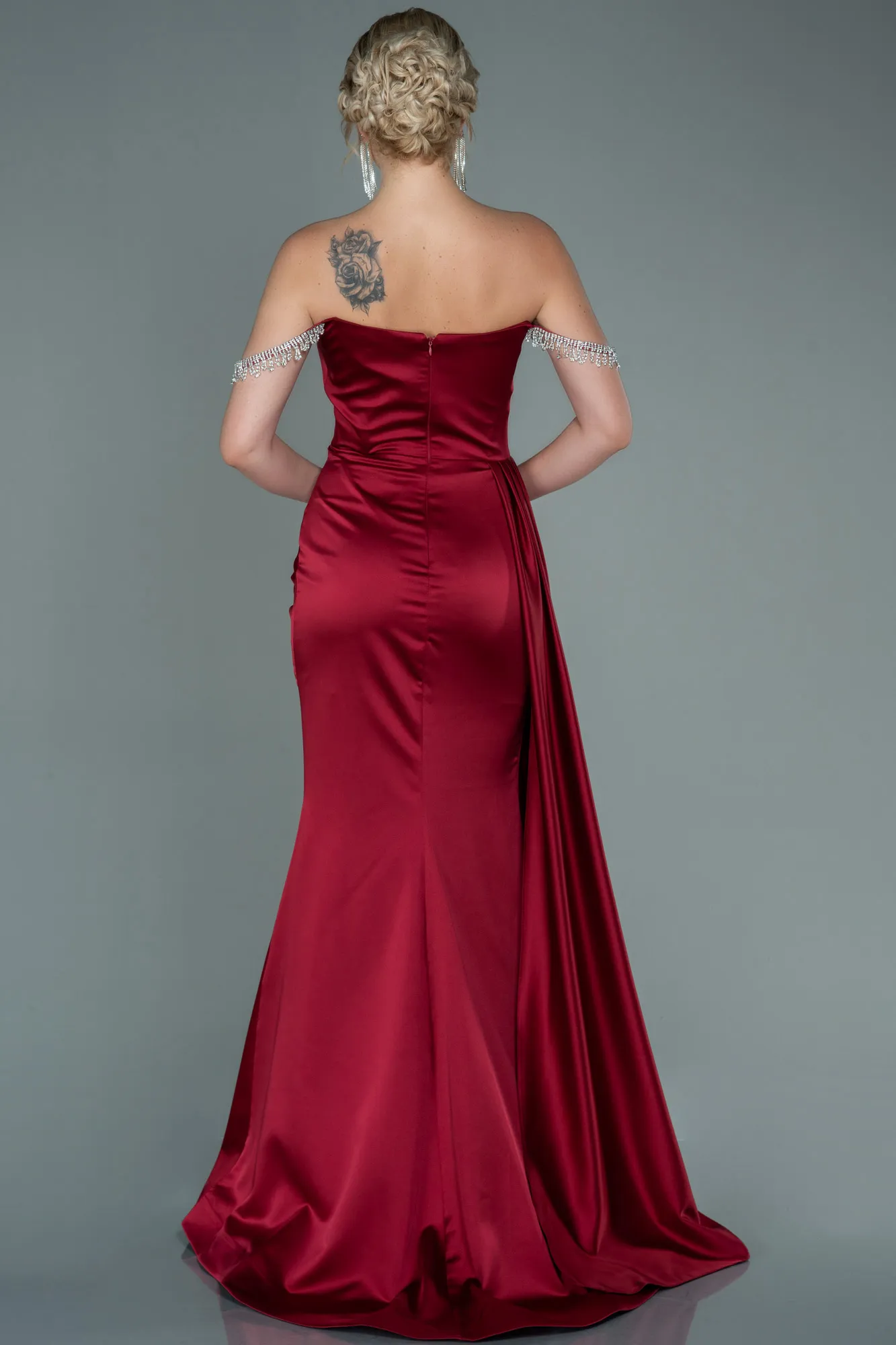 Burgundy-Long Satin Evening Dress ABU2618