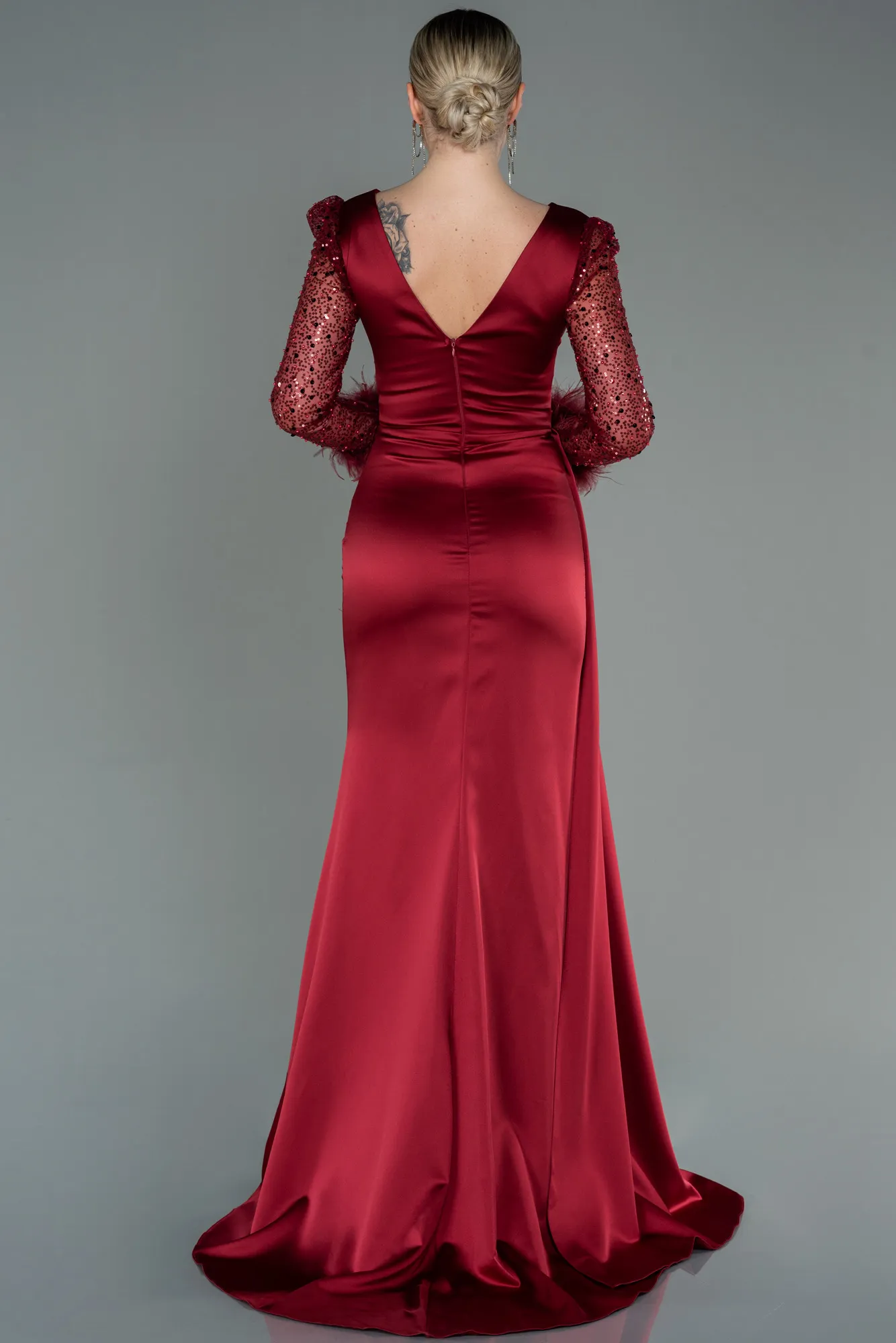 Burgundy-Long Satin Evening Dress ABU3080