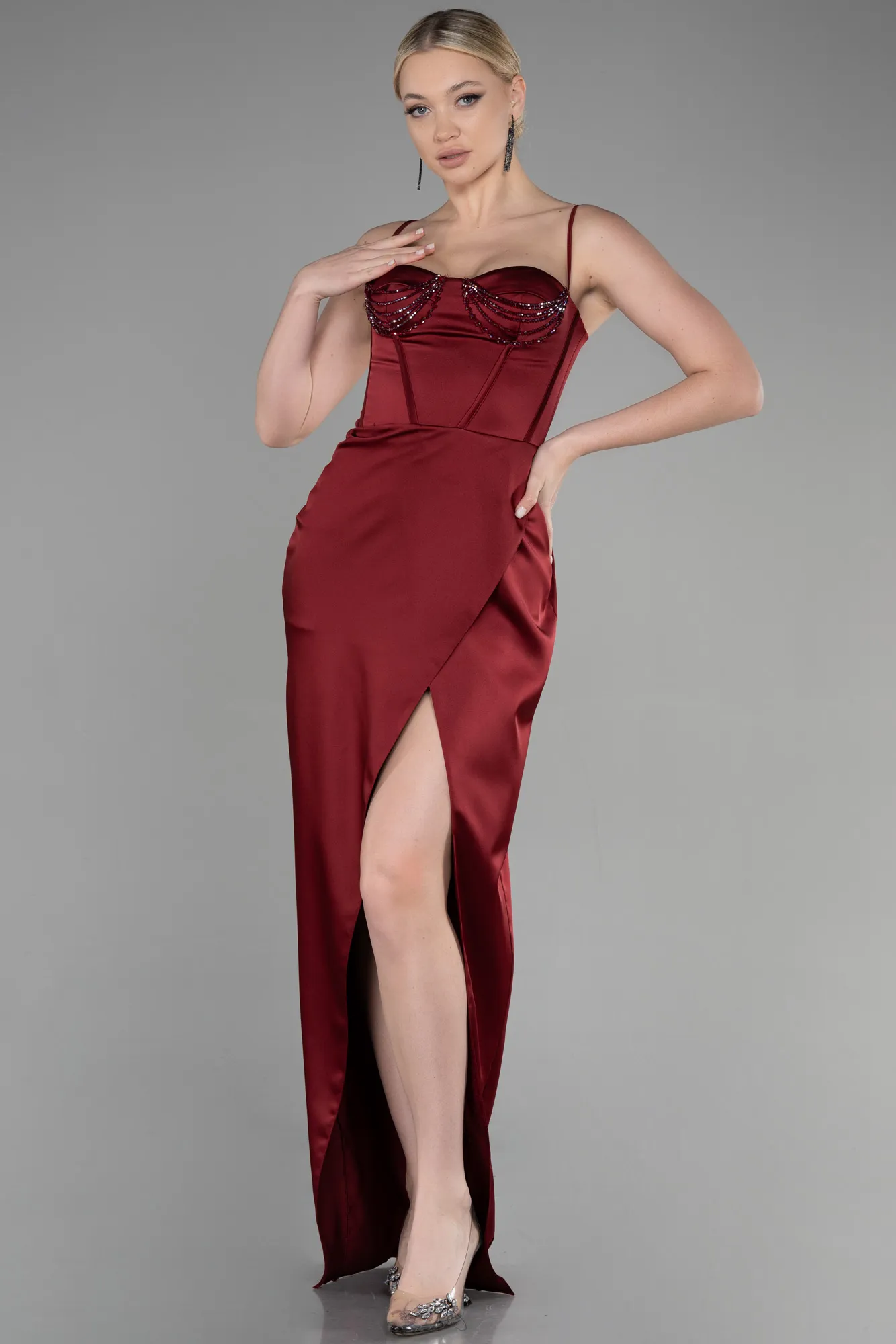Burgundy-Long Satin Evening Dress ABU3390